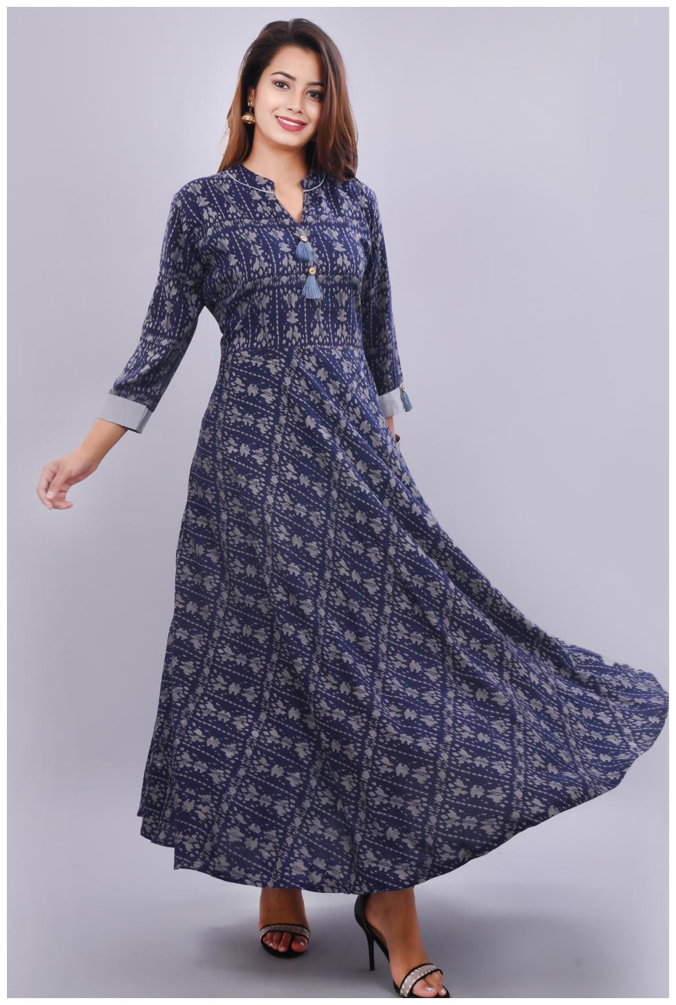 

Vedana Print Flared Rayon Kurti features Tassels Blue