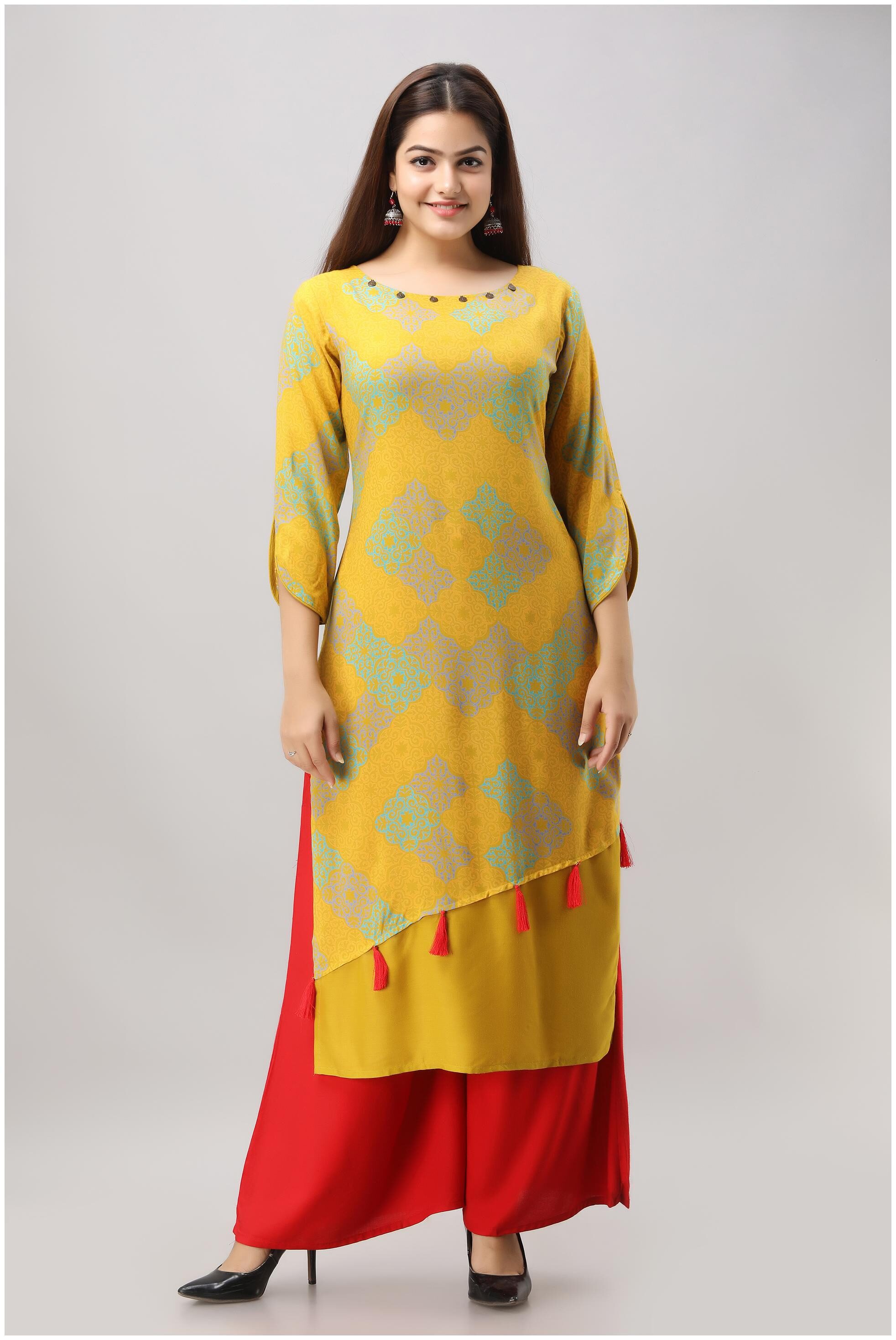 

VEDANA Women Yellow Printed Straight Kurta With Palazzo