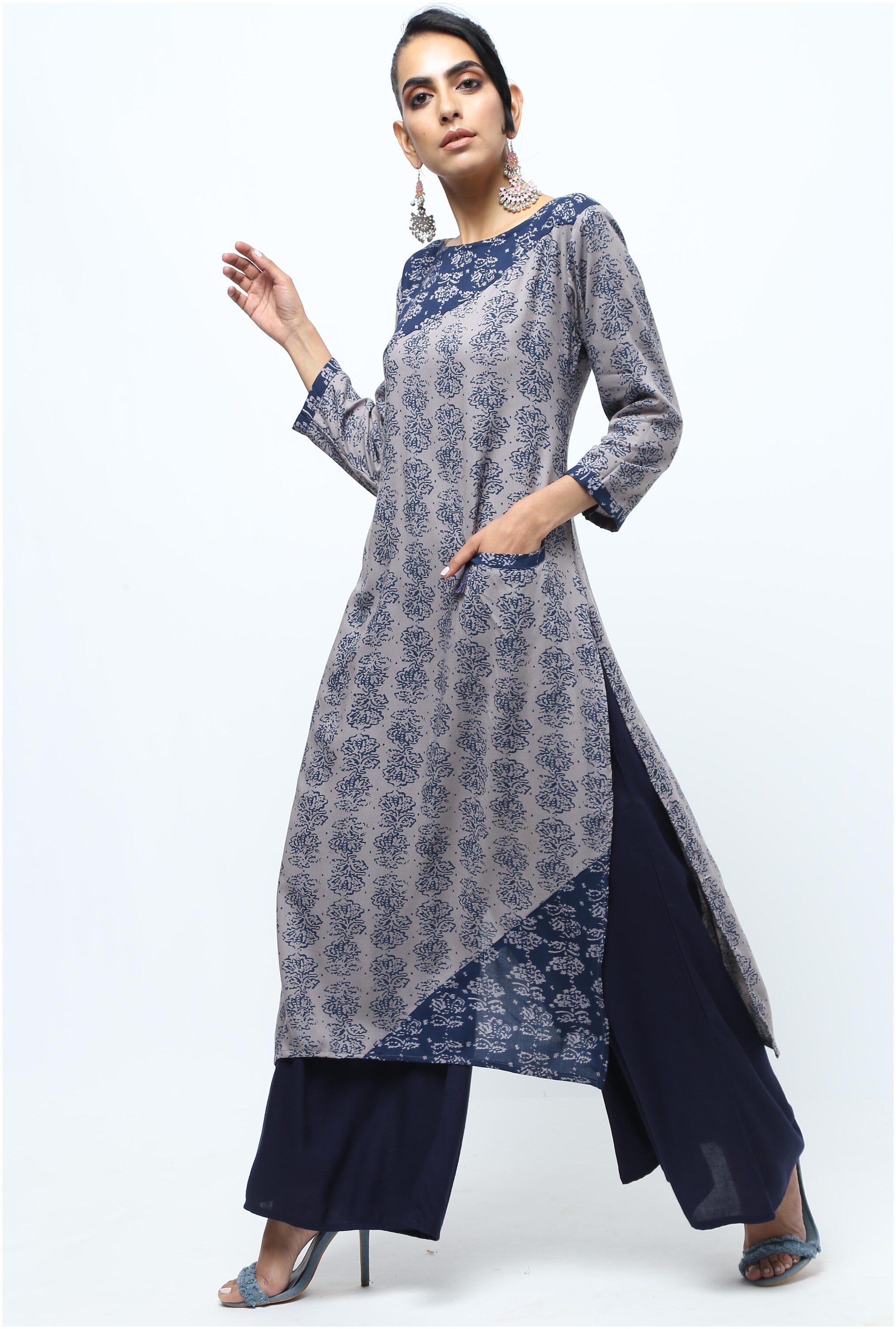

Vedana Rayon Print Kurta with Flared Palazzo Grey