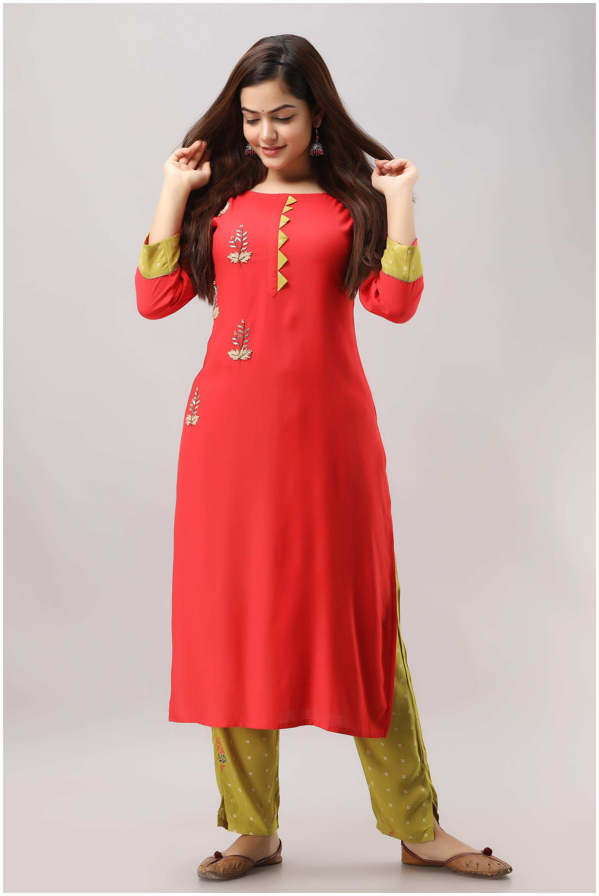 

Vedana Rayon Solid Embroidered Kurti with Printed Pants (Red)