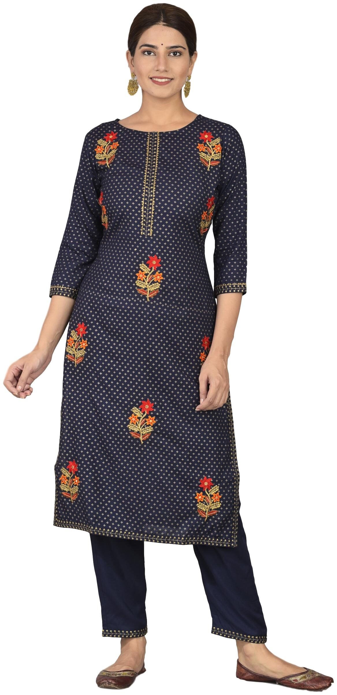 

VEDANA Viscose Rayon Navy Blue Embroidered Kurta Pants For Women