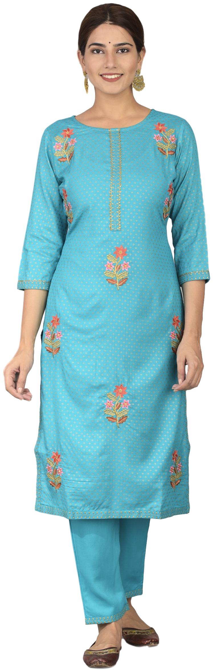

VEDANA Viscose Rayon Turquoise Embroidered Kurta Pants For Women