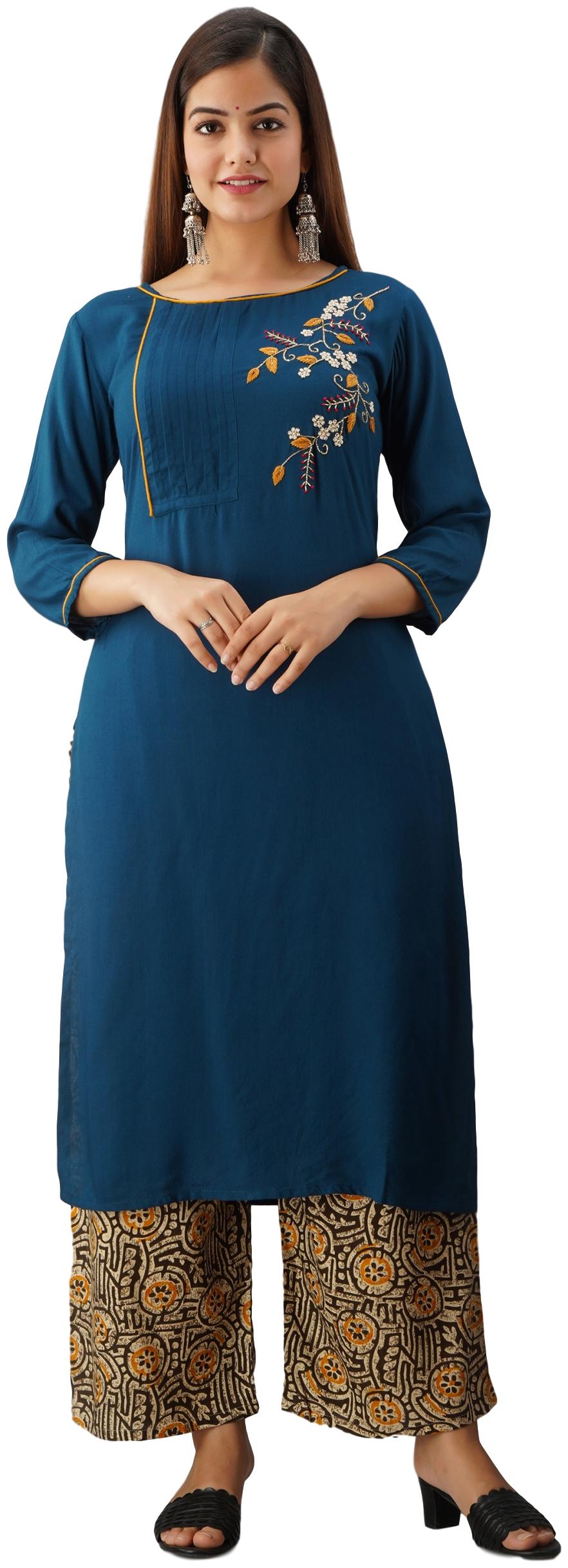 

VEDANA Viscose Rayon Embroidered Navy Blue Brown Color Kurti And Palazzo Set