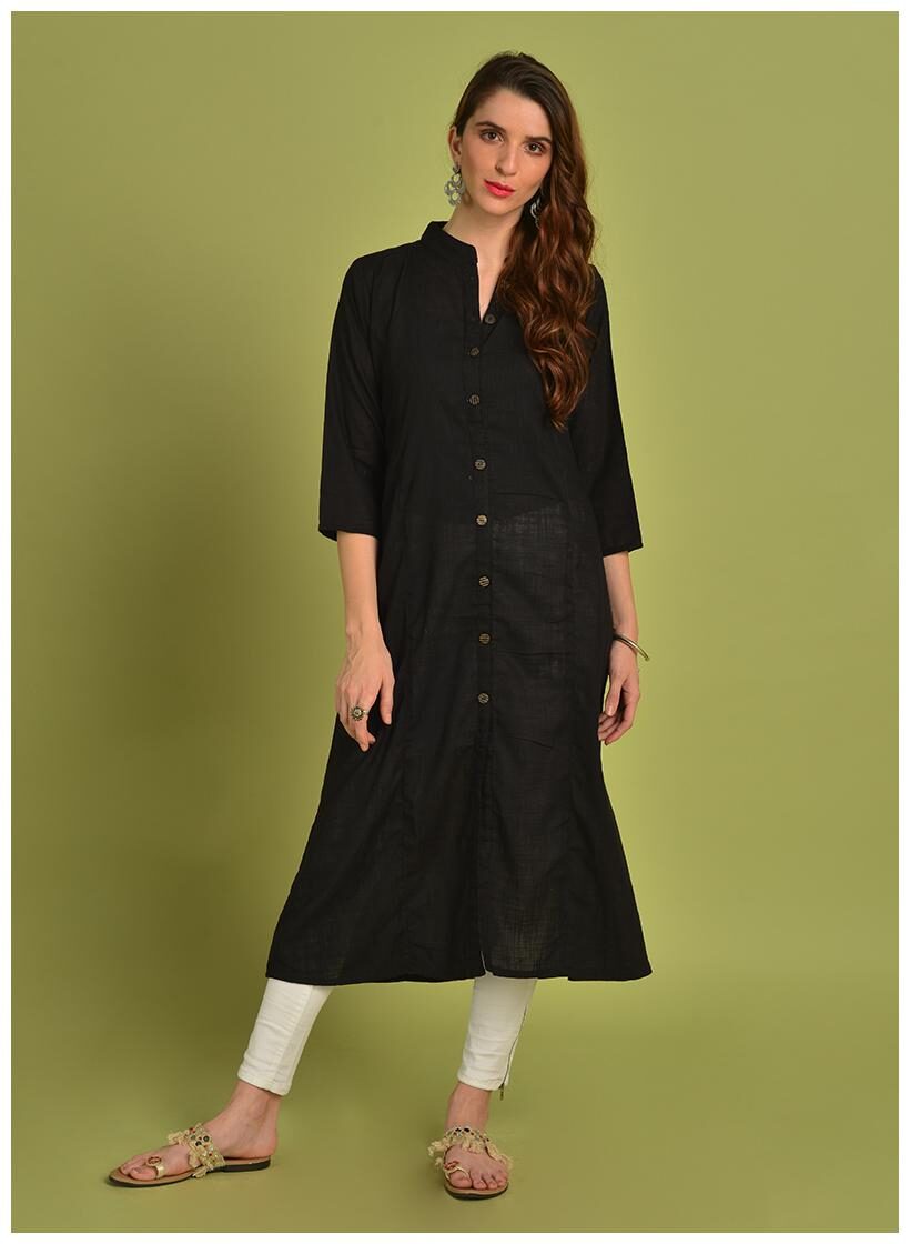 

VEDANA Women Cotton A Line Kurti Black color
