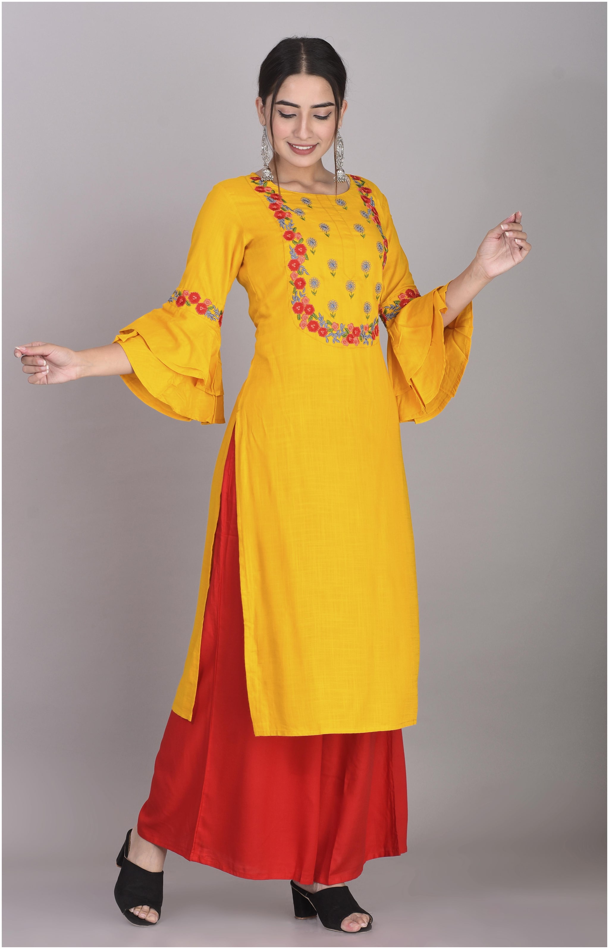 

VEDANA Women Mustard Embroidered Straight Kurta