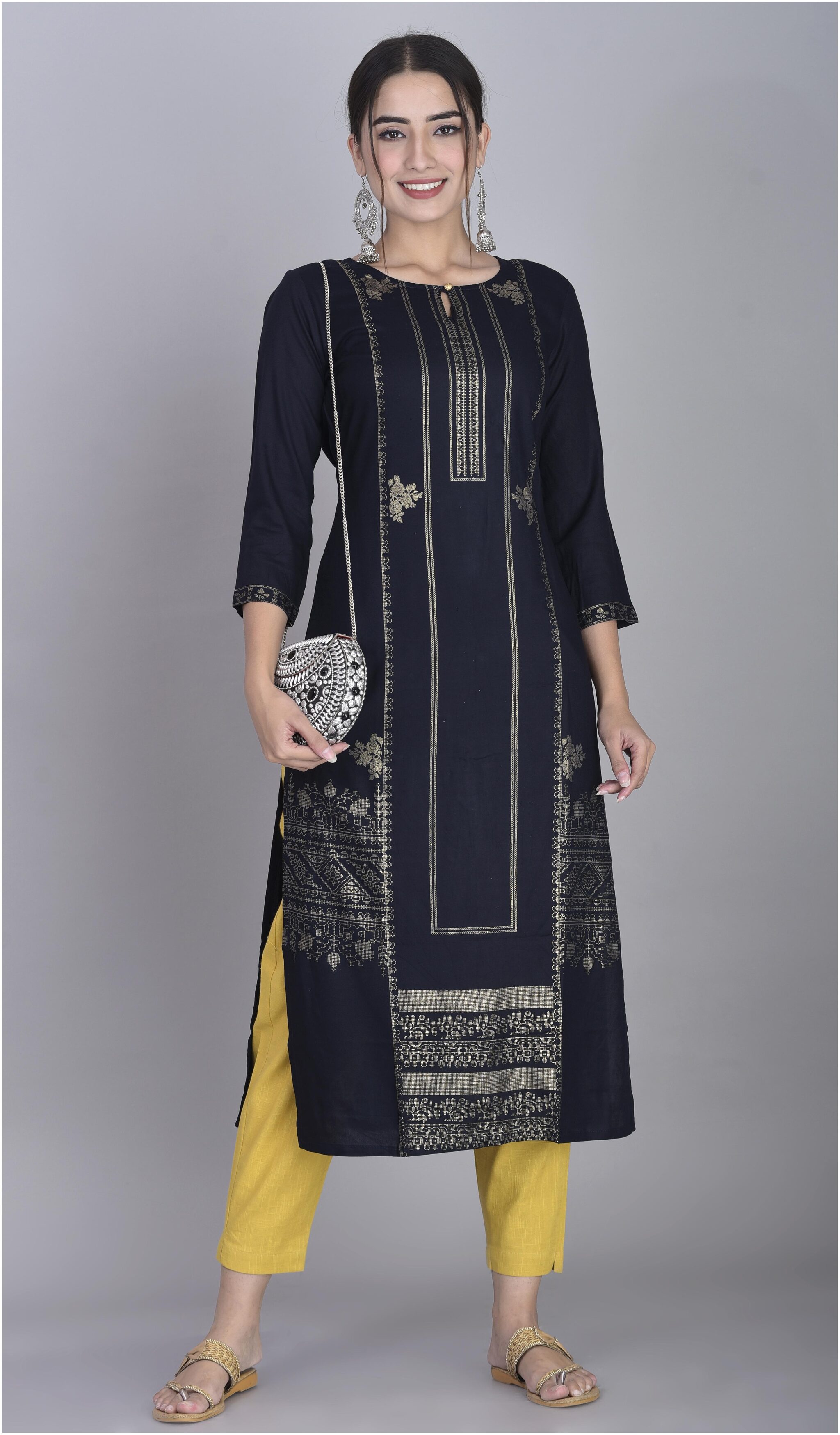

VEDANA Women Navy Blue Floral Straight Kurta