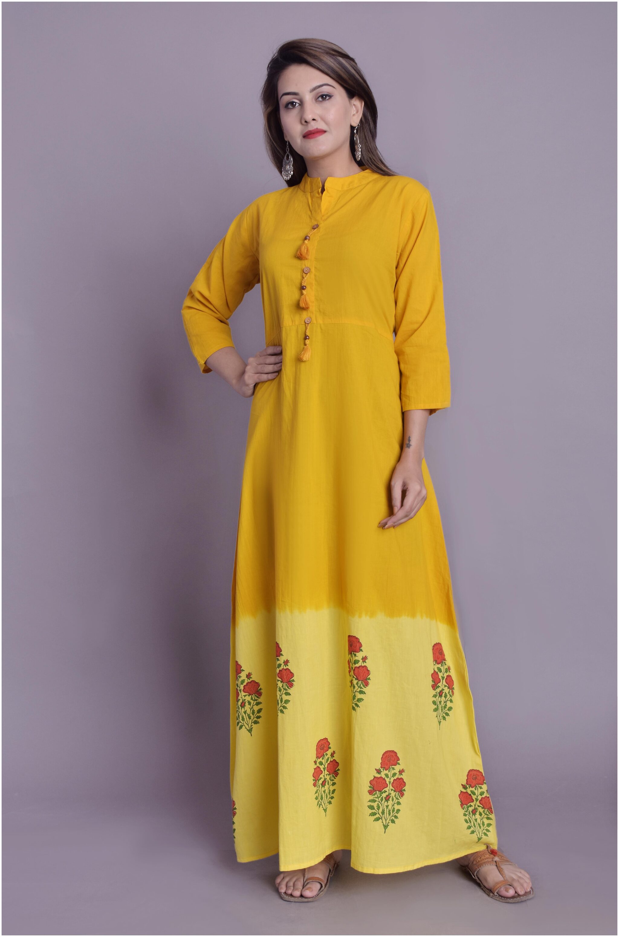 

VEDANA Women Cotton Printed Kurti Dress Mustard