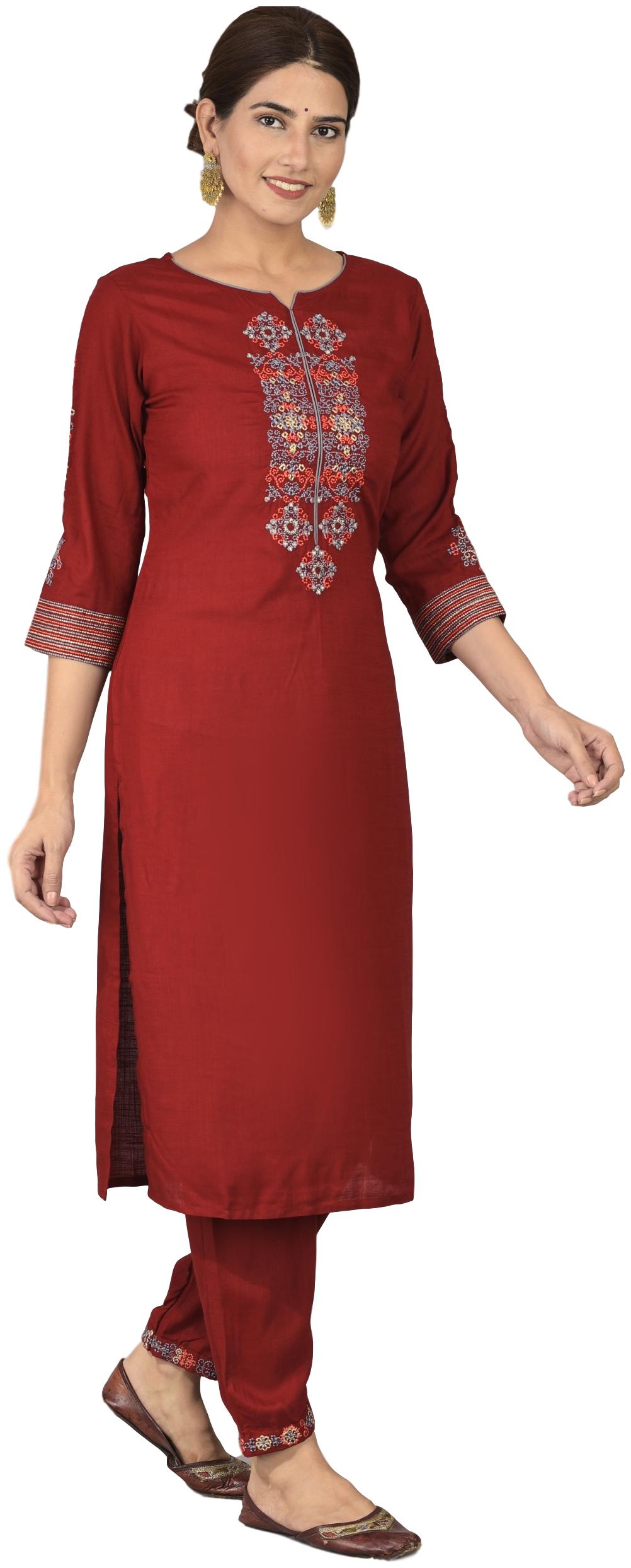 

VEDANA Women Viscose Rayon Embroidered Maroon Kurta With Pants