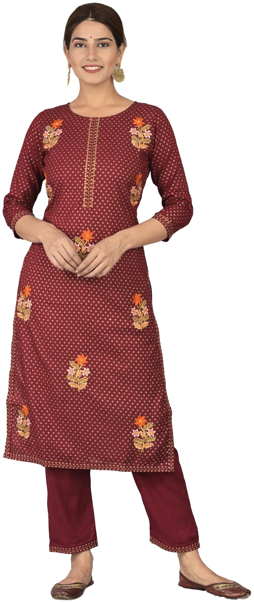 

VEDANA Women Viscose Rayon Embroidered Maroon Kurta With Pants