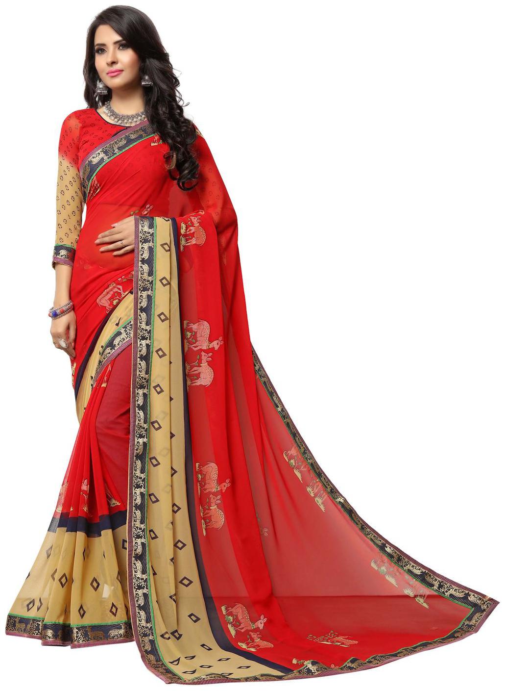 

Vedant Vastram Women s Georgette Printed Saree With Blouse Piece (Red Beige Colour)