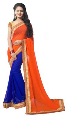

Vedant Vastram Women s Georgette Lace Work Saree With Blouse Piece (Orange Blue Colour)