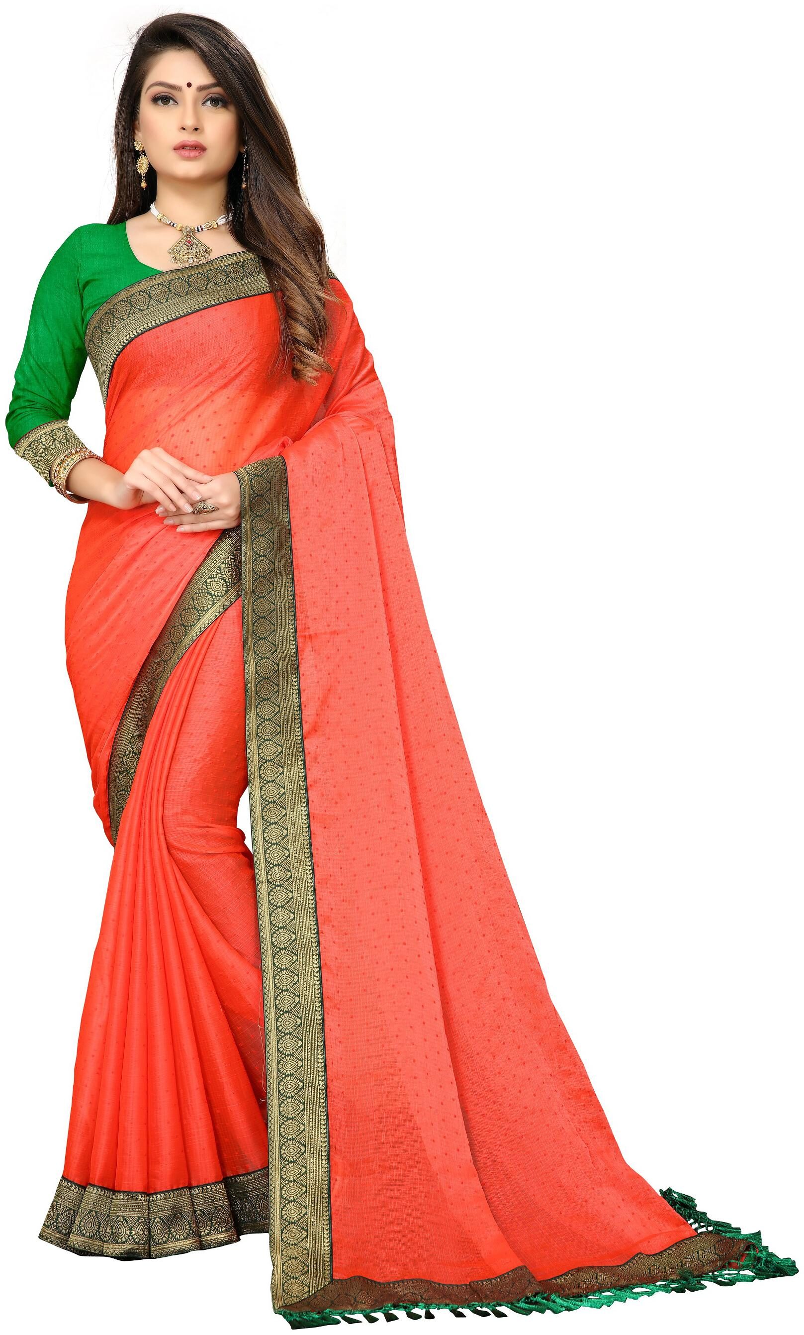

Vedant Vastram Women s Georgette Jacquard Jhalar (Tassel) Work Saree With Blouse Piece (Orange Colour)