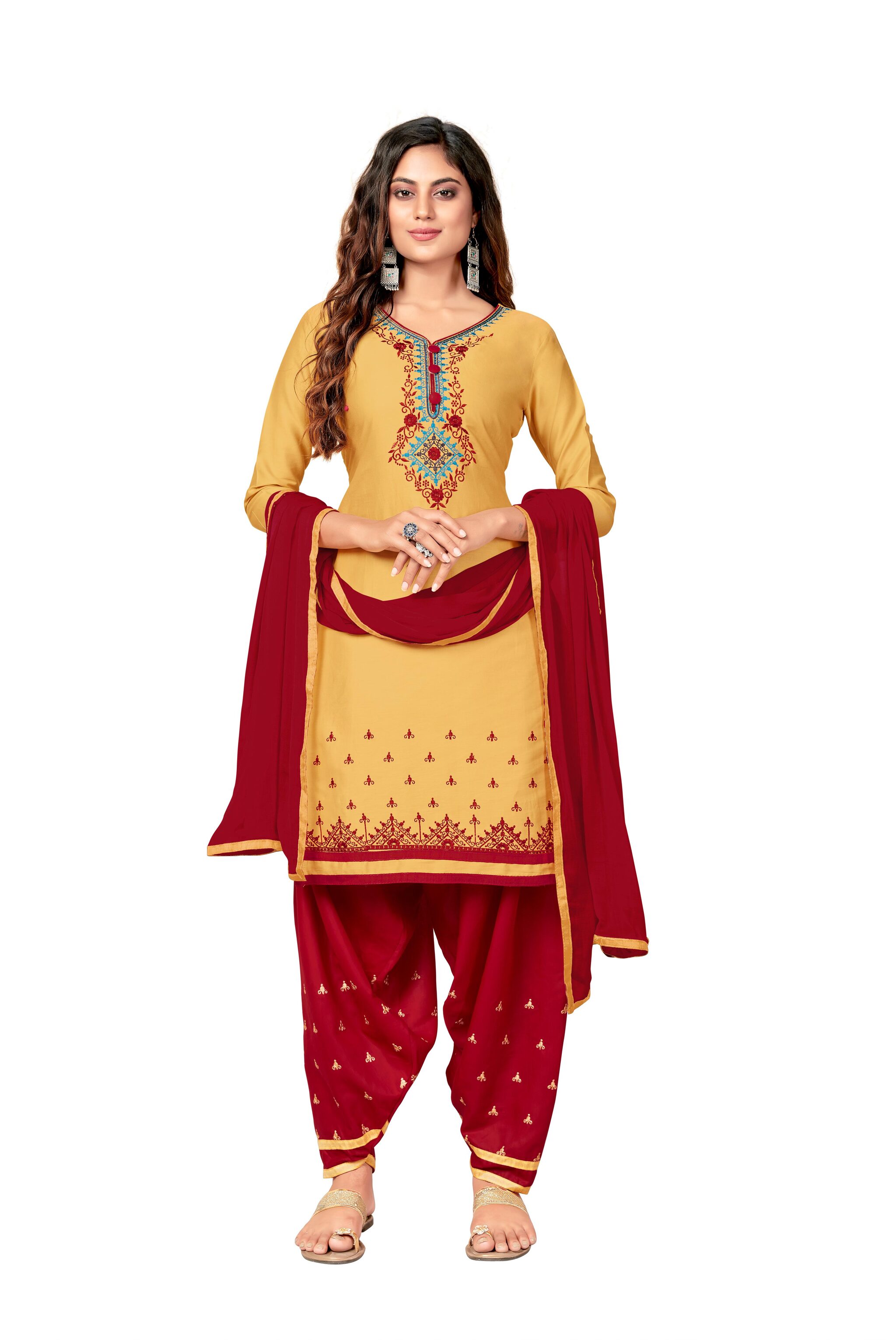

Vedant Vastram Women Cotton Blend Embroidered Beige Dress Material