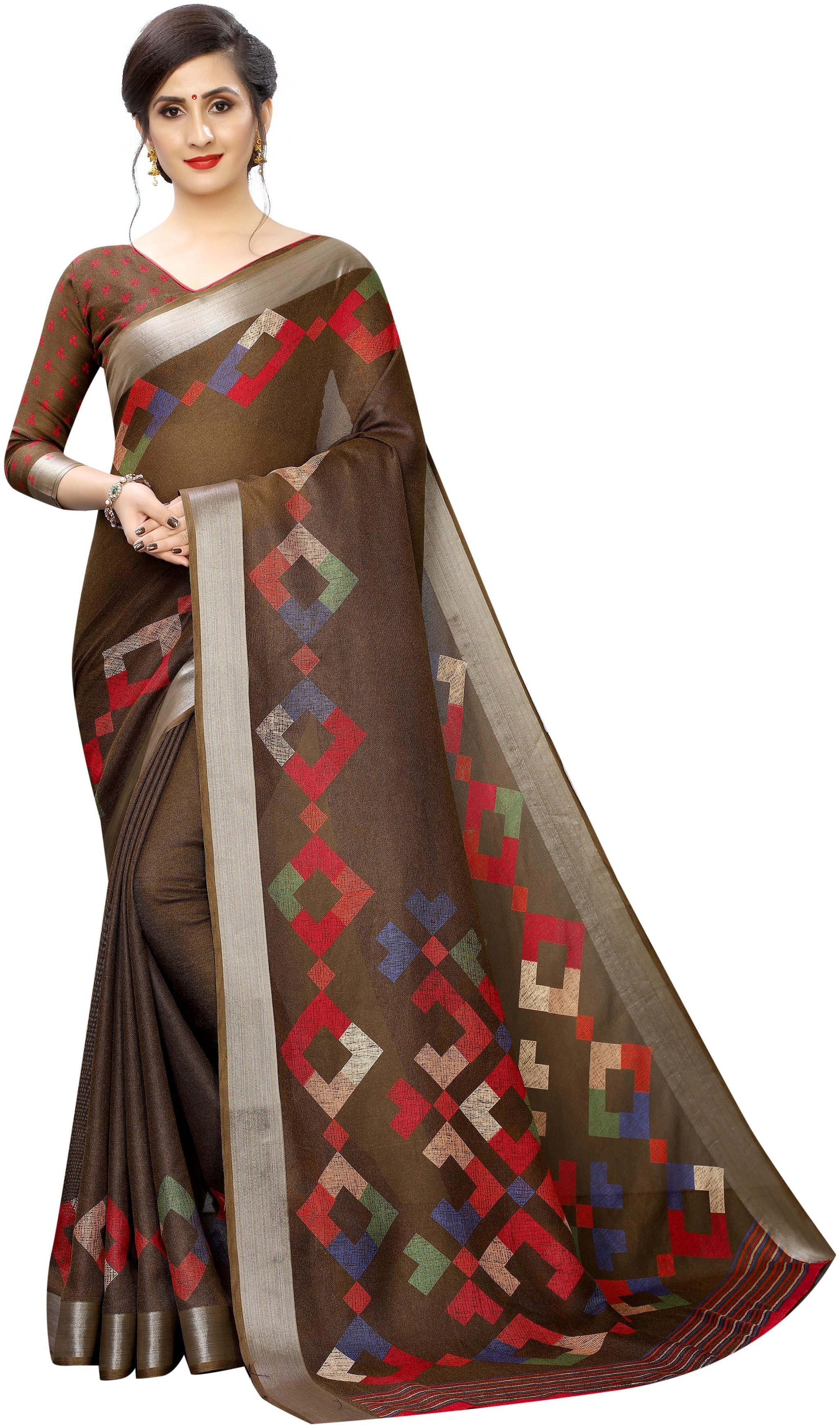 

Vedant Vastram Women s Soft Cotton Printed Saree With Blouse Piece (Coffee Colour)