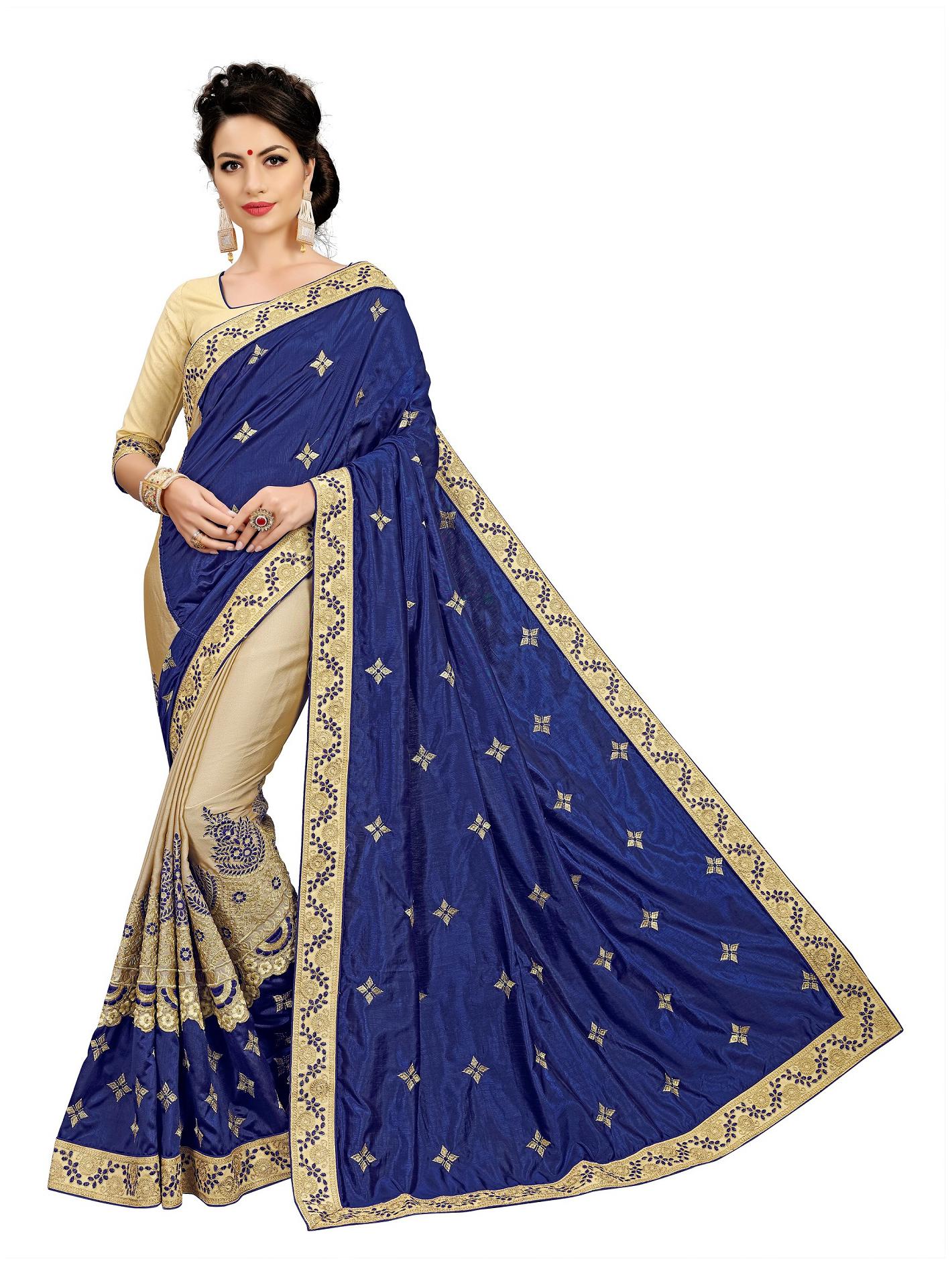 

Vedant Vastram Georgette Embroidered Blue Half Half Saree For Women