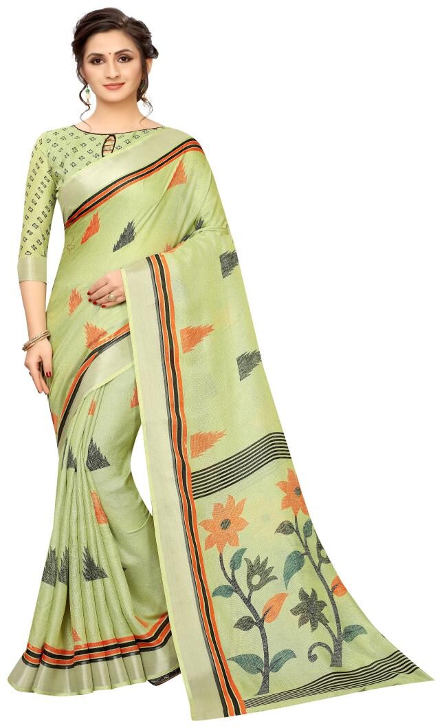 

Vedant Vastram Linen Printed Green Designer Saree For Women
