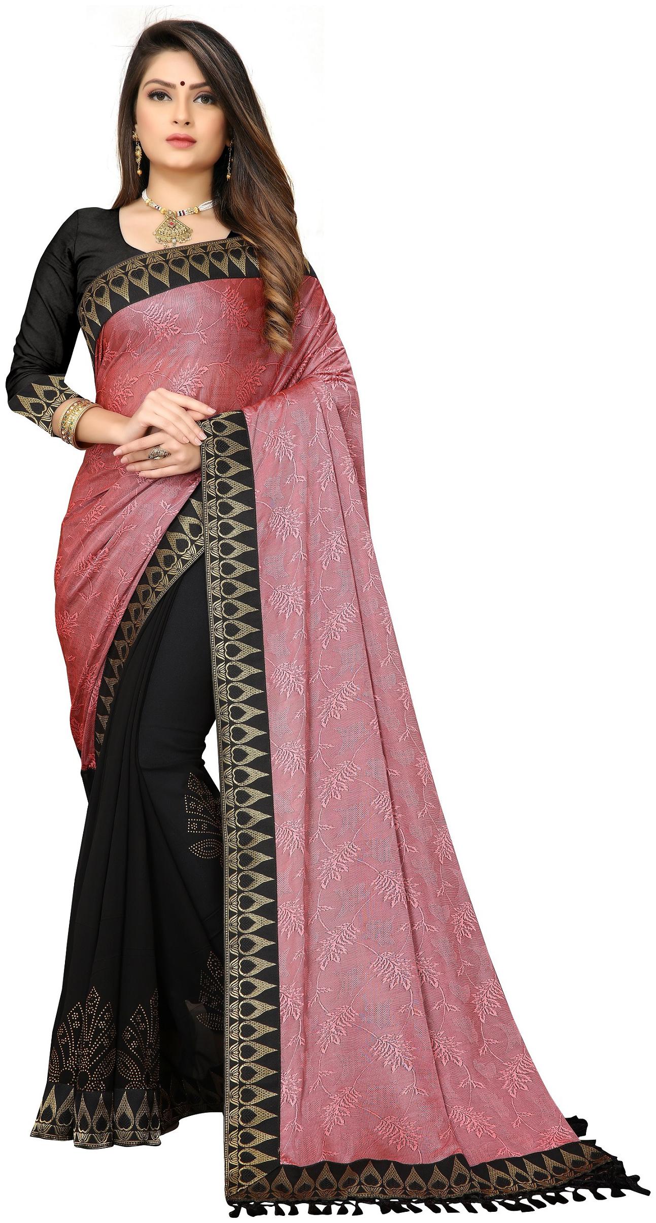 

Vedant Vastram Women s Georgette Jacquard Stone Work Saree With Blouse Piece (Peach Colour)