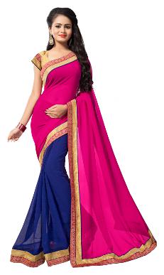 

Vedant Vastram Women s Georgette Lace Work Saree With Blouse Piece (Pink Blue Colour)
