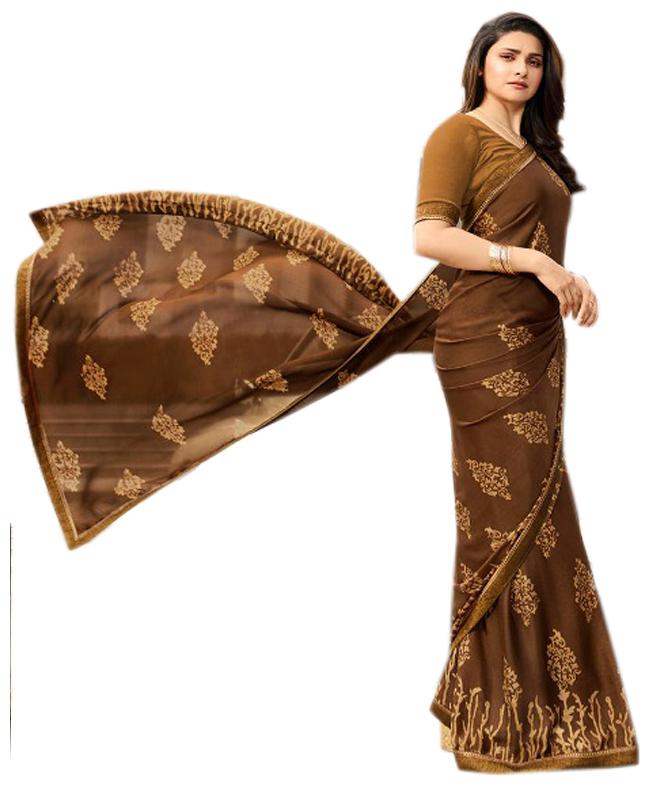 

Vedant Vastram Women s Silk Printed Saree With White Rangoli Blouse Piece (Brown Colour)