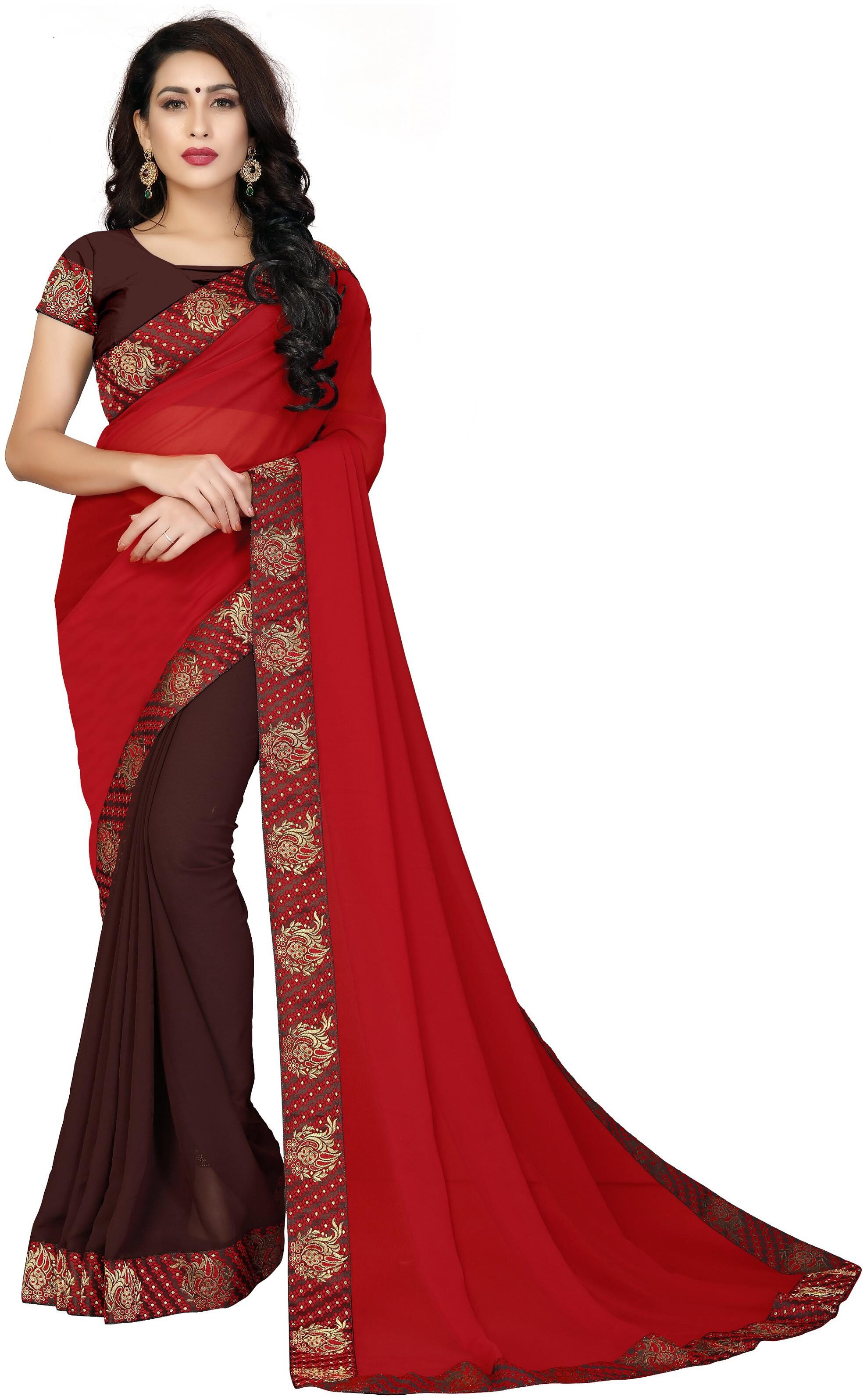 

Vedant Vastram Georgette Solid Red Half Half Saree For Women