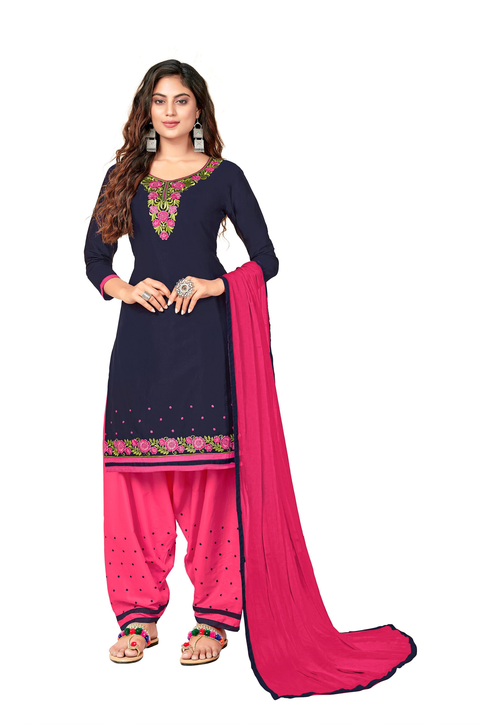 

Vedant Vastram Women Cotton Blend Embroidered Navy Blue Dress Material