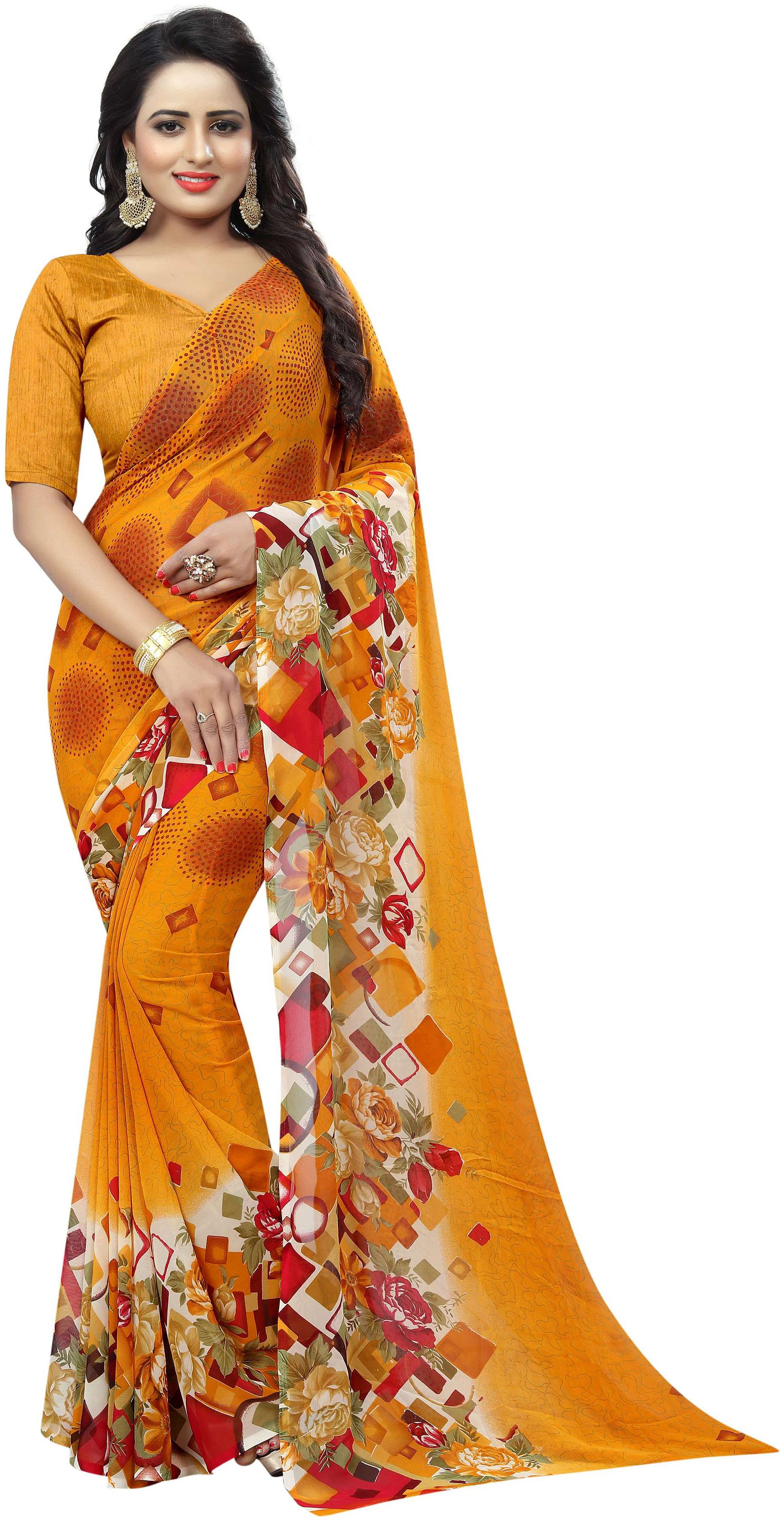 

Vedant Vastram Women s Georgette Printed Saree With Blouse Piece (Orange Colour)