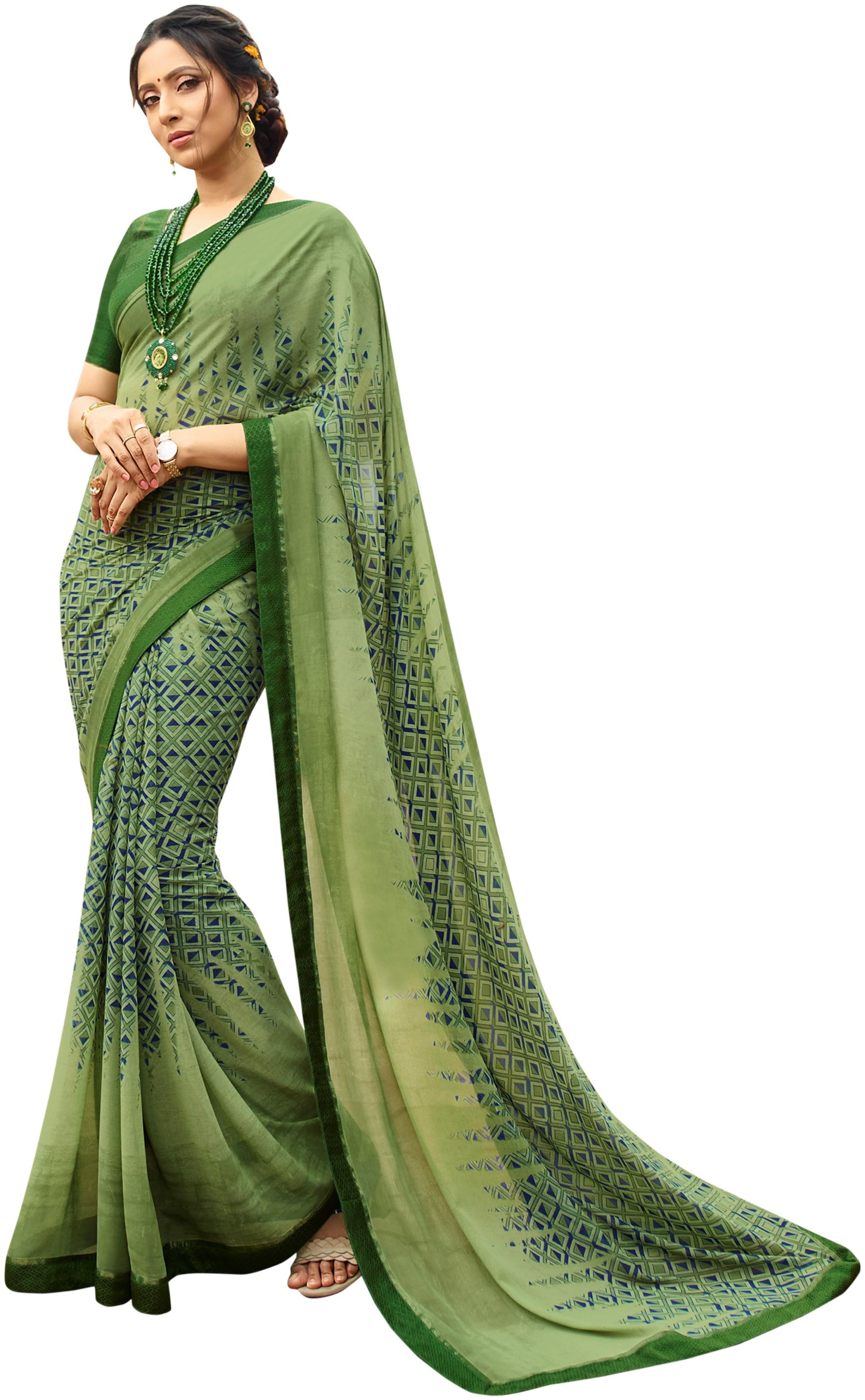 

Vedant Vastram Women s Georgette Printed Saree With Jaquard butti Blouse Piece (Green Colour)