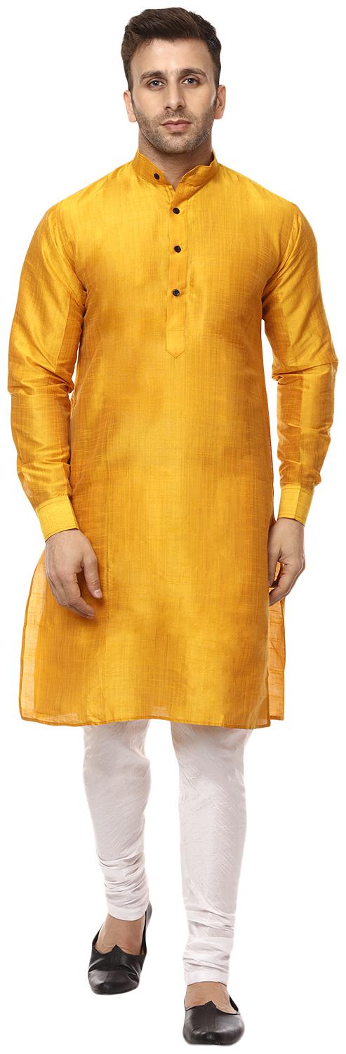 

Veera Paridhaan Plain Yellow and white Chinese Collar Men Kurta- Payjama Set