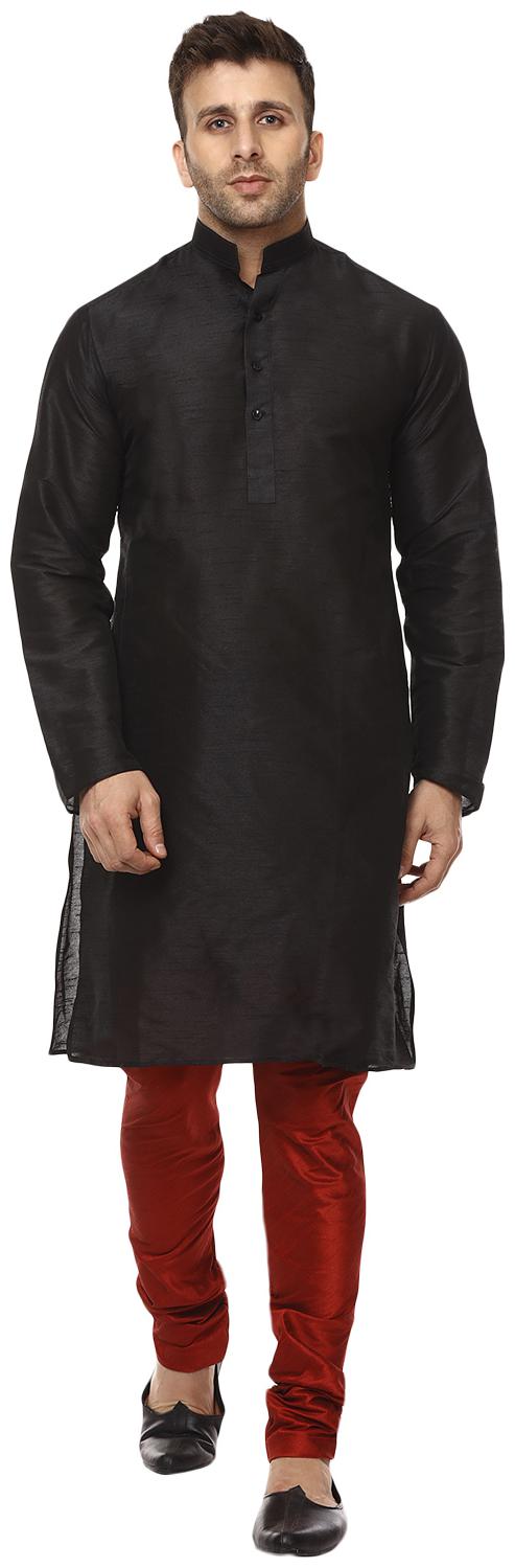 

Veera Paridhaan Plain Black and Red Chinese Collar Men Kurta- Payjama Set