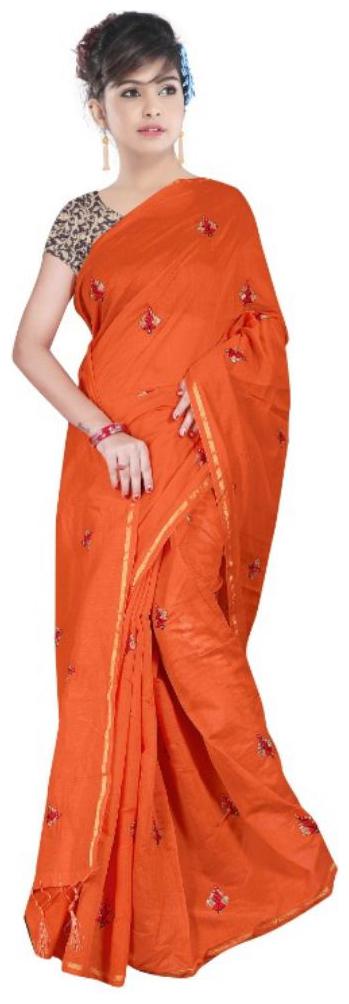 

Veeti Women s Orange Chanderi Cotton Embroidery Work Saree with Blouse pcs
