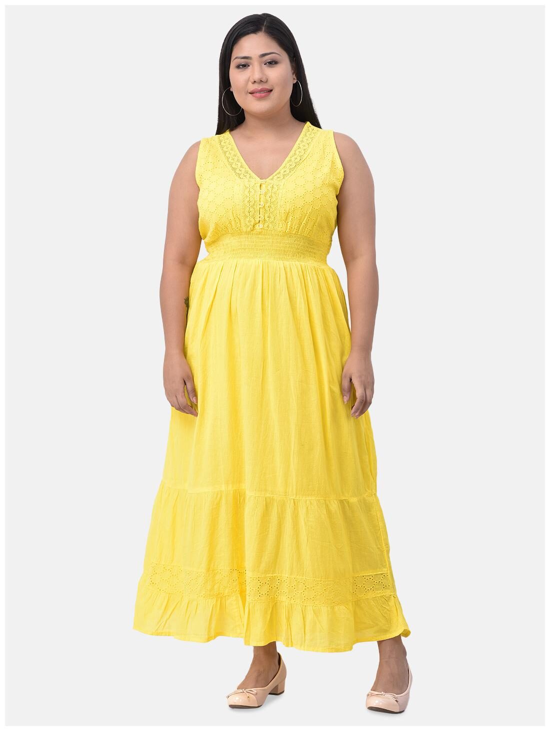

VELDRESS Yellow Embroidered Fit flare dress