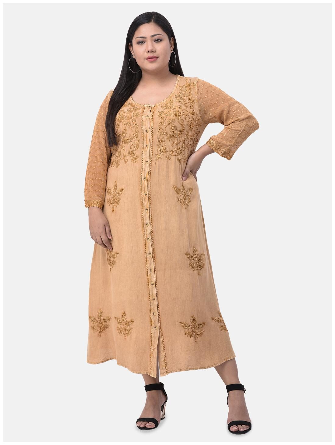 

VELDRESS Brown Embroidered Fit flare dress