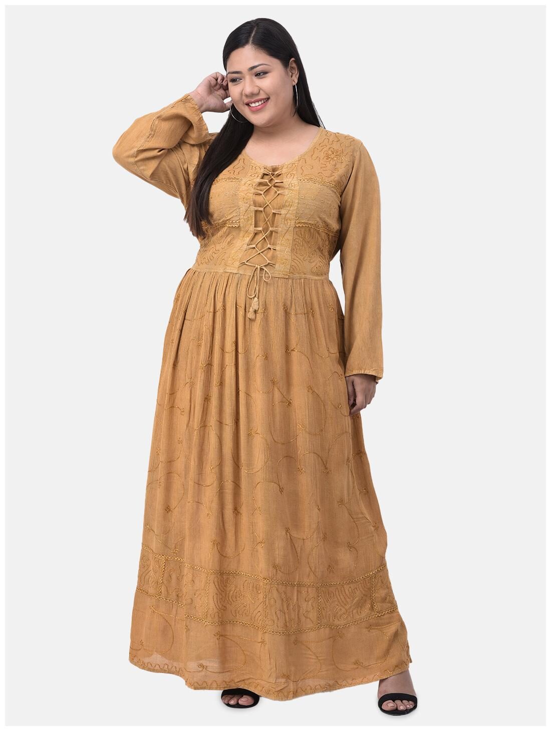 

VELDRESS Brown Embroidered Fit flare dress
