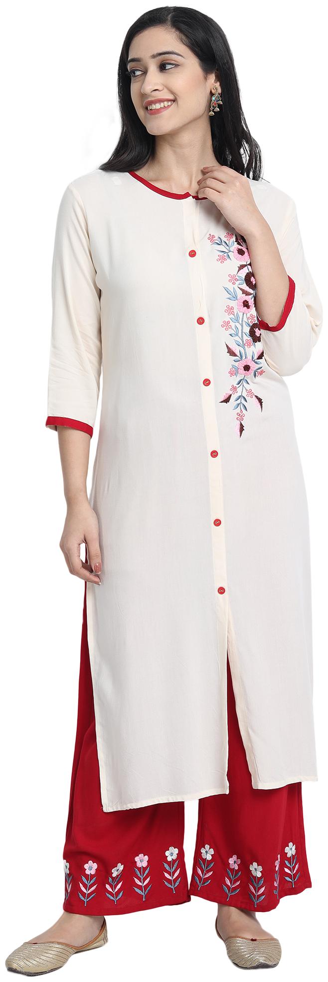 

Venika Creations Women Cream Viscose Rayon Embroidered Kurta And Palazzo