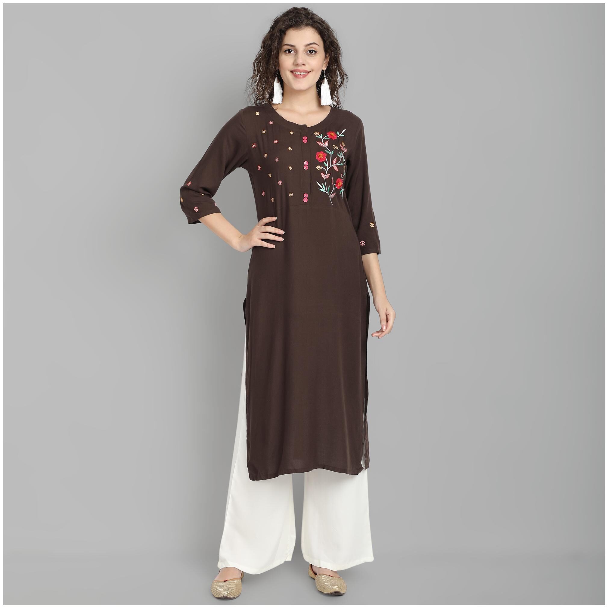 

Venika Creations Women Brown Embroidered Straight Kurta
