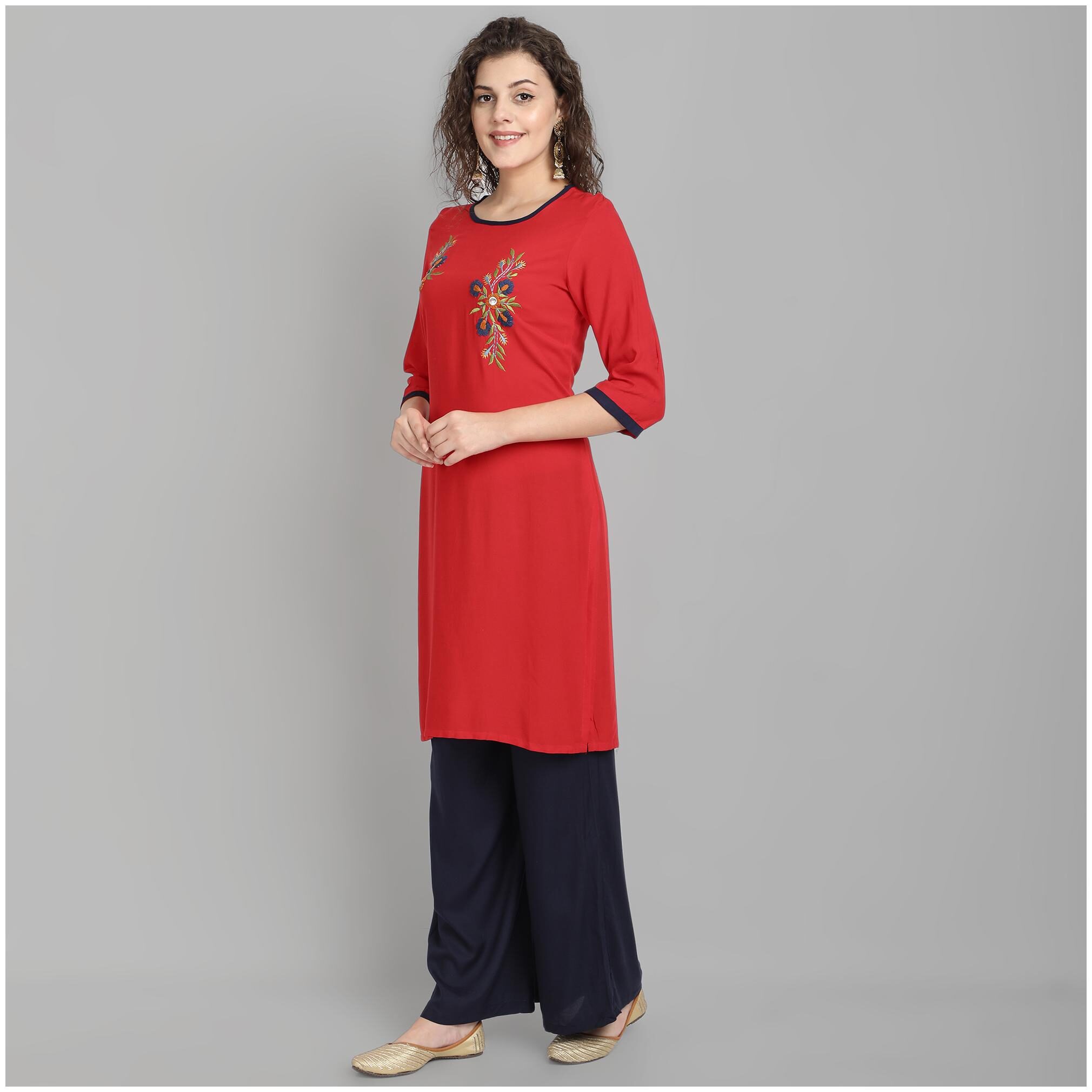 

Venika Creations Women Viscose Rayon Embroidered RED Kurta With Palazzo