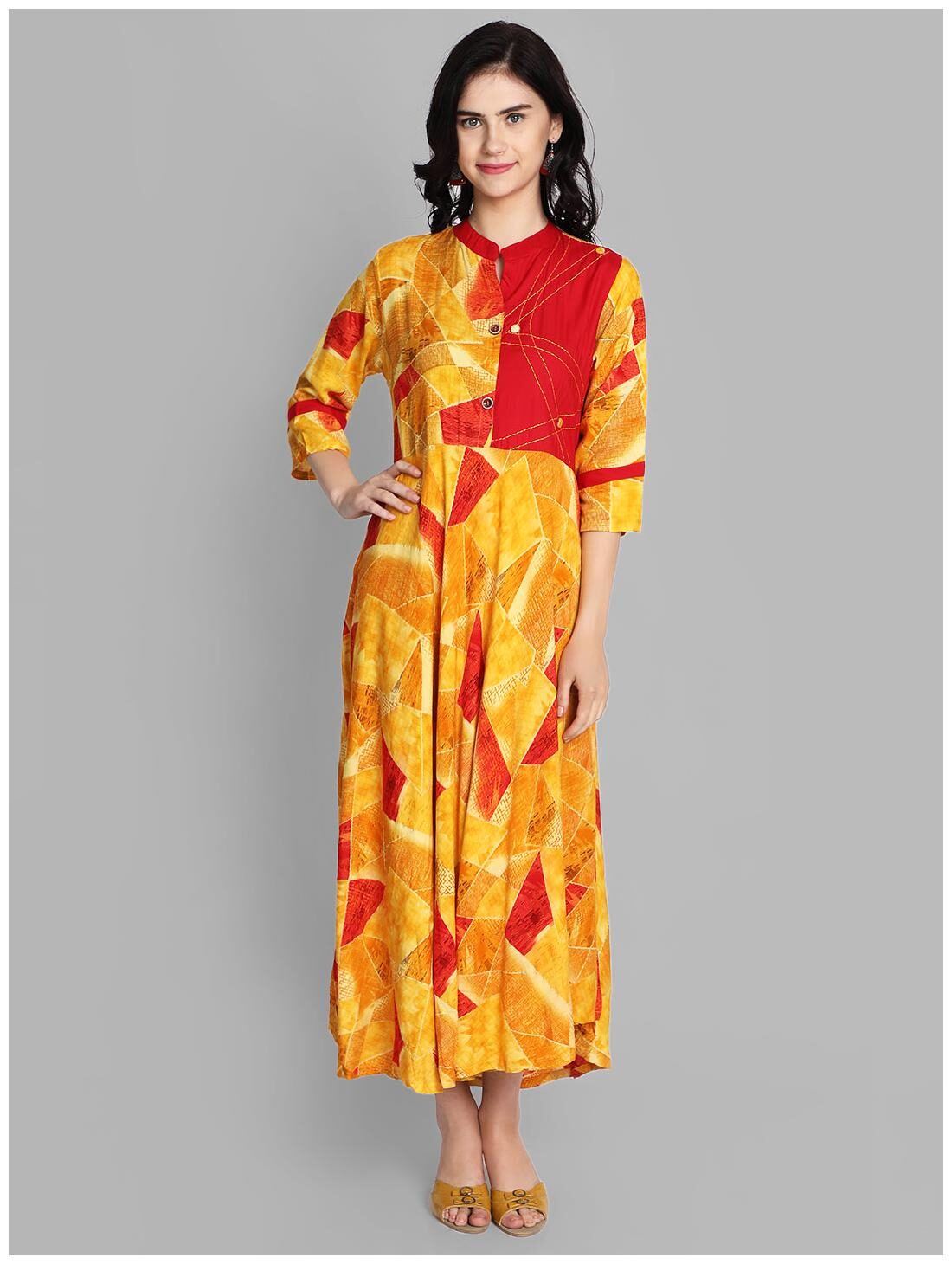 

Venika Creations Viscose Rayon Yellow Printed Kurta Dress For Women