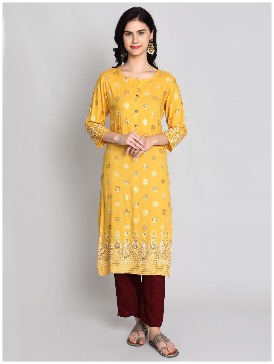 

Venika Creations Women Mustard Printed Straight Kurta
