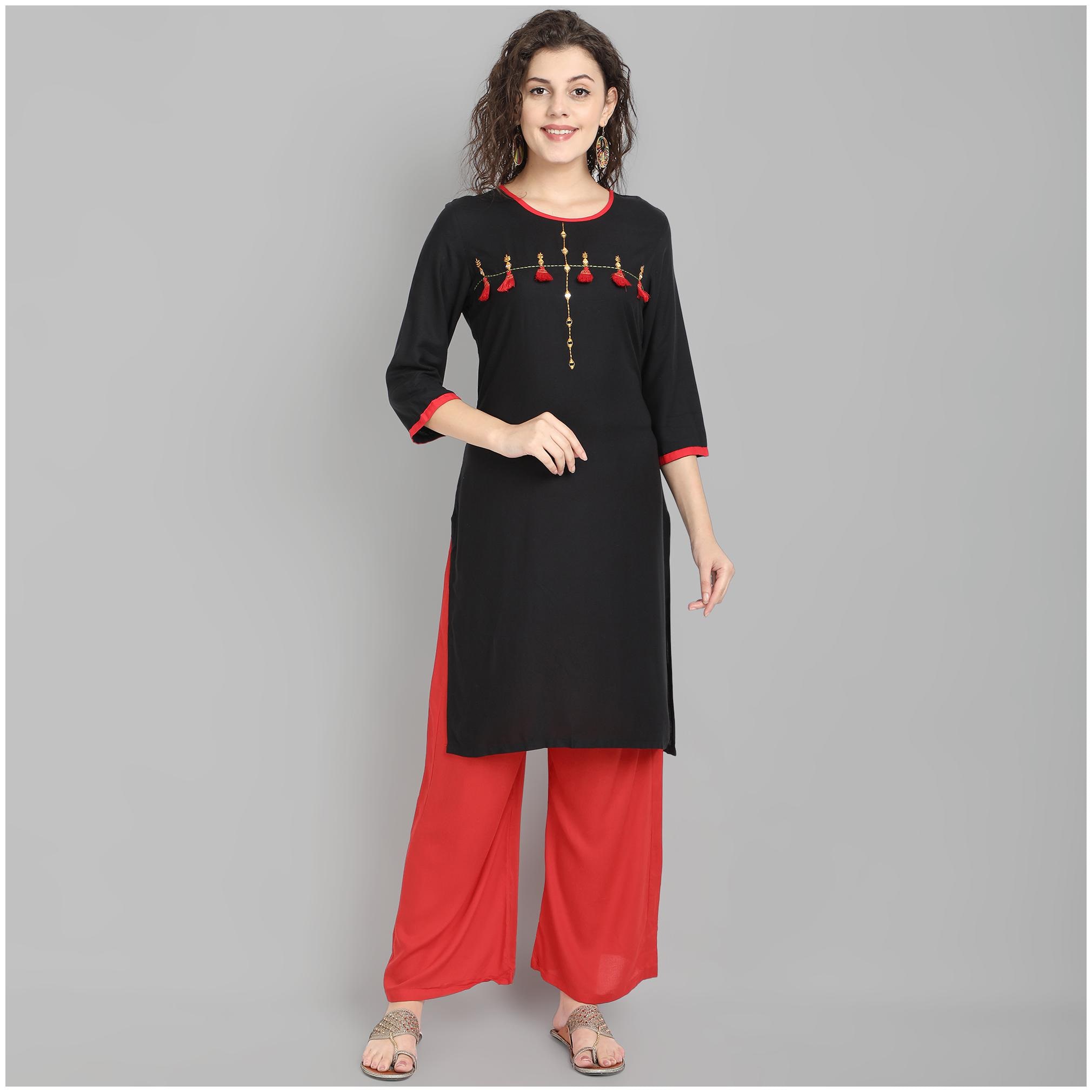 

Venika Creations Women Viscose Rayon Embroidered Black Kurta With Palazzo