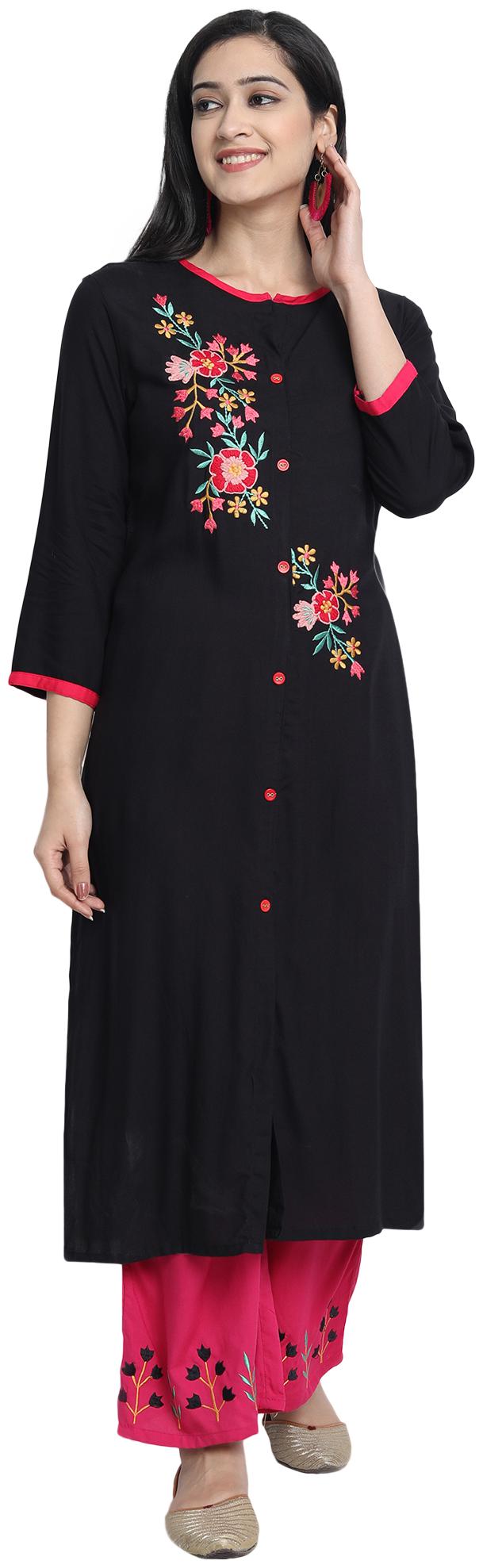 

Venika Creations Women Black Viscose Rayon Embroidered Kurta And Palazzo