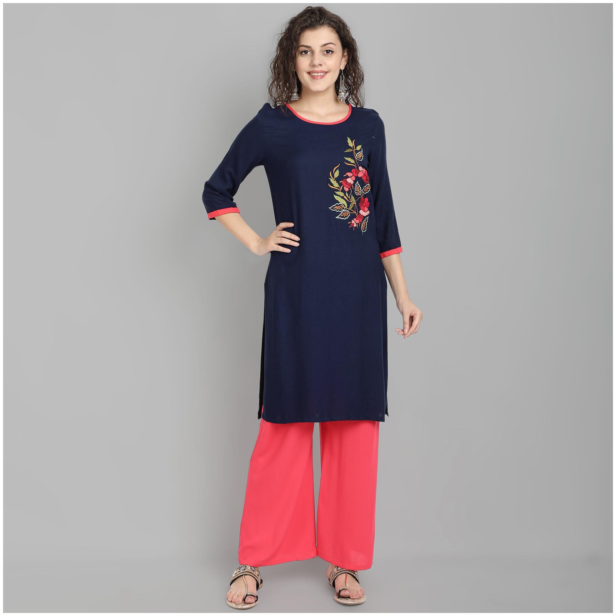 

Venika Creations Women Viscose Rayon Embroidered Navy Blue Kurta With Palazzo
