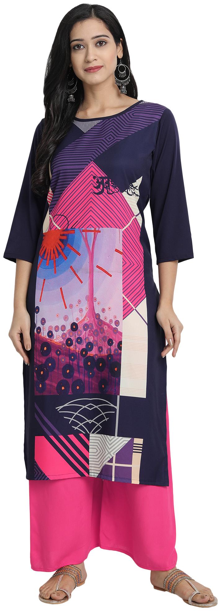 

Venika Creations Women Navy Blue Printed Straight Kurta