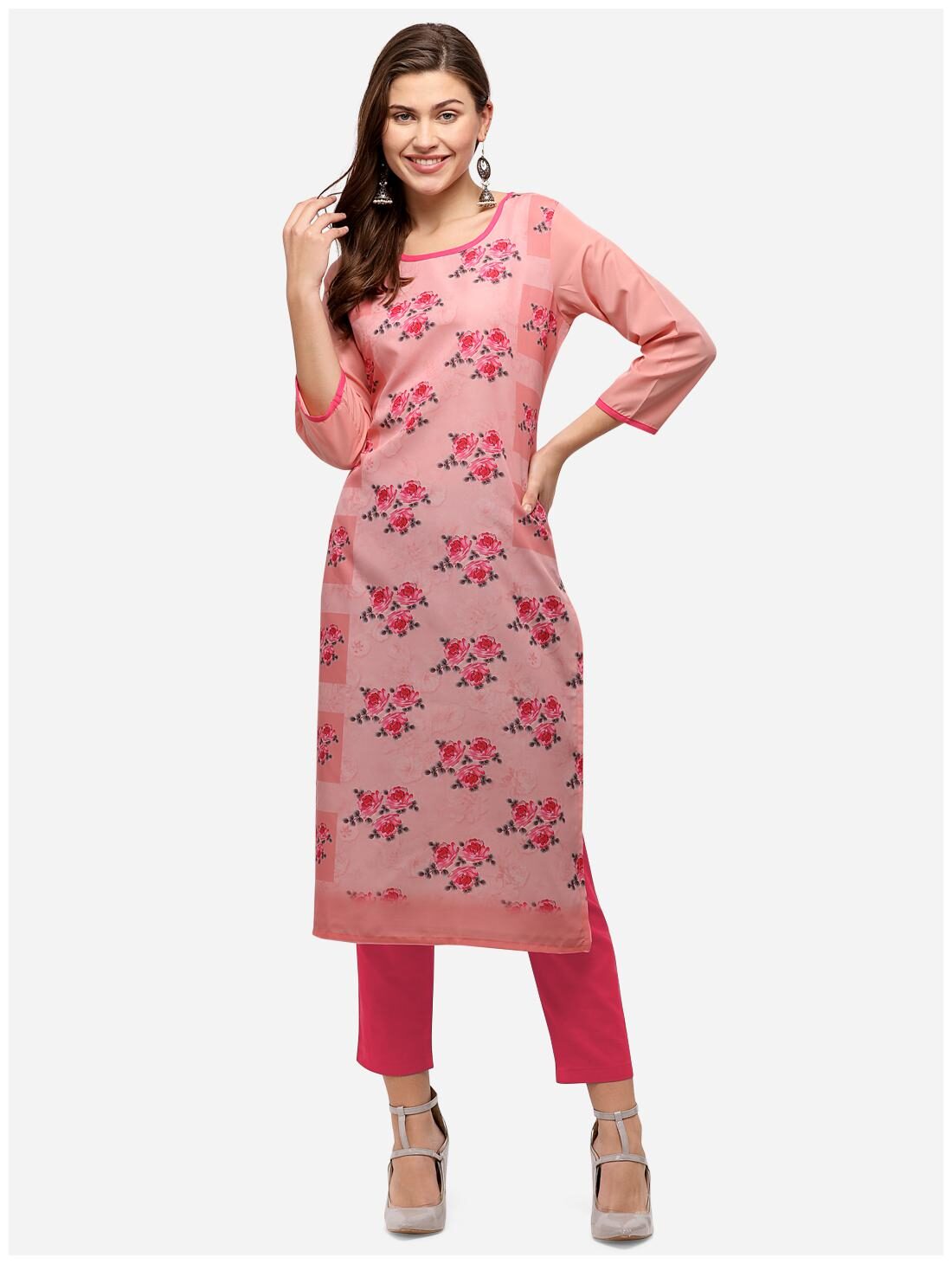 

Venika Creations Women Pink Floral Straight Kurti
