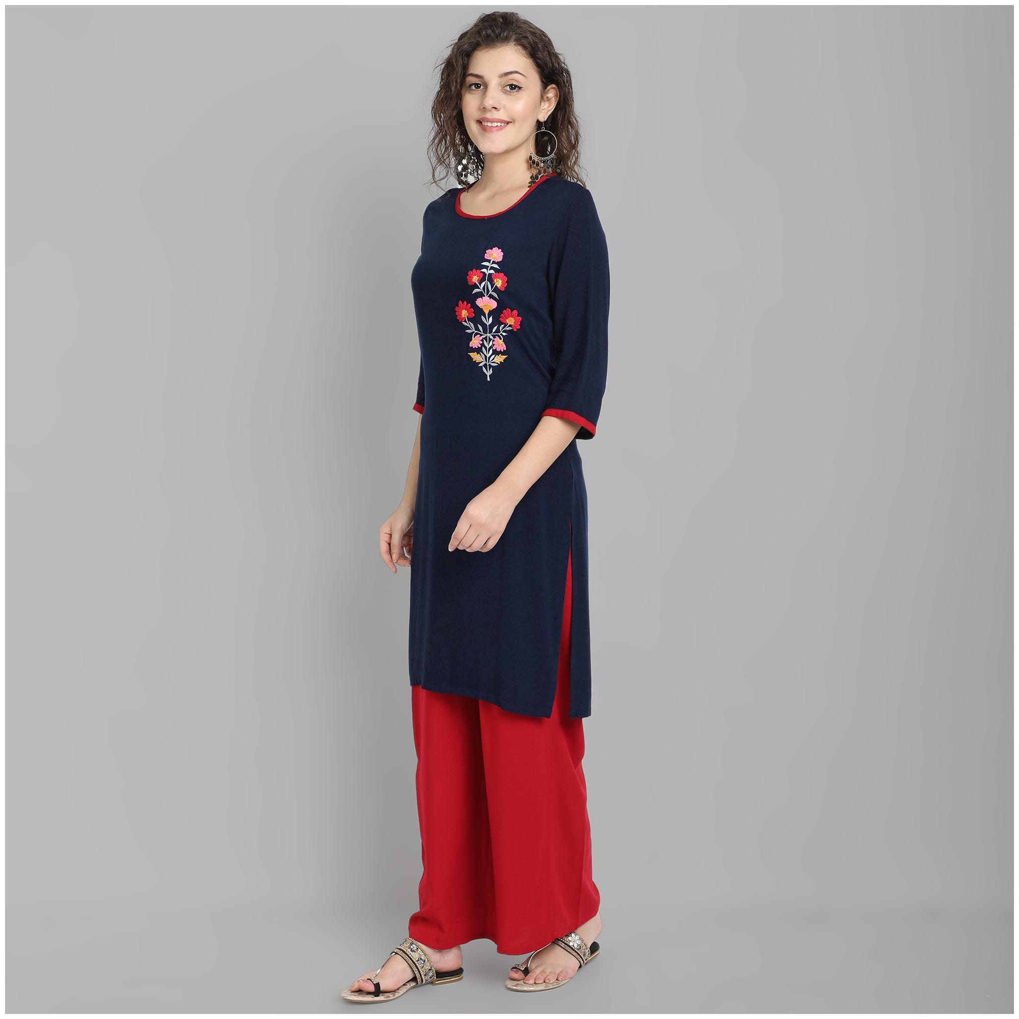 

Venika Creations Women Viscose Rayon Embroidered Navy Blue Kurta With Palazzo