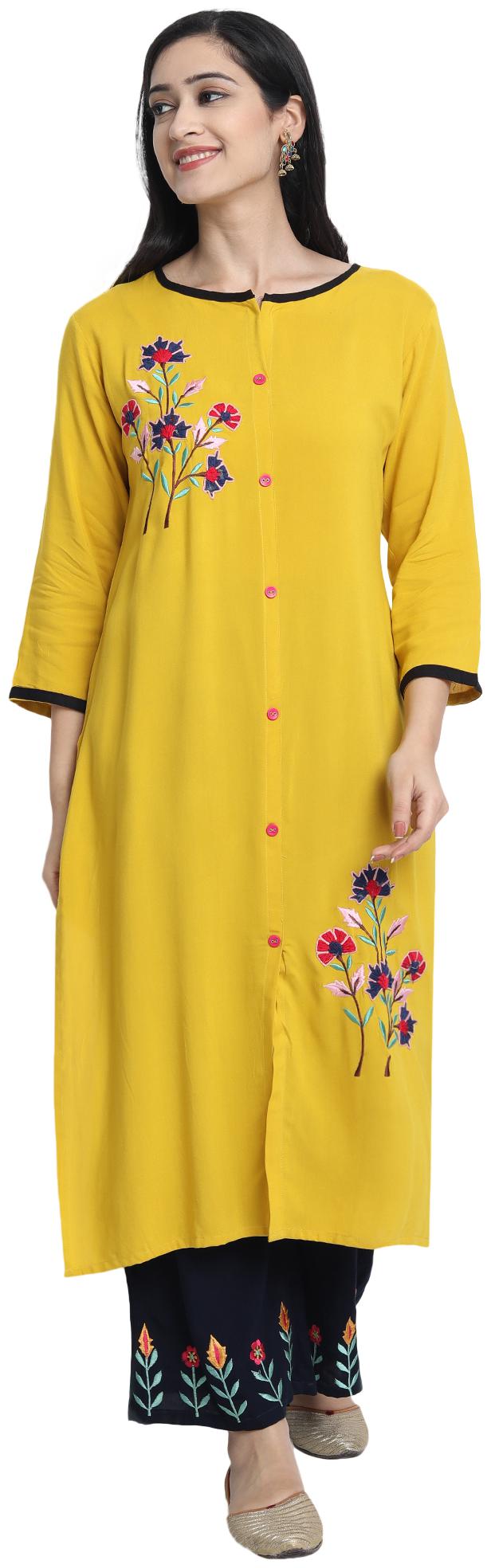 

Venika Creations Women Yellow Viscose Rayon Embroidered Kurta And Palazzo