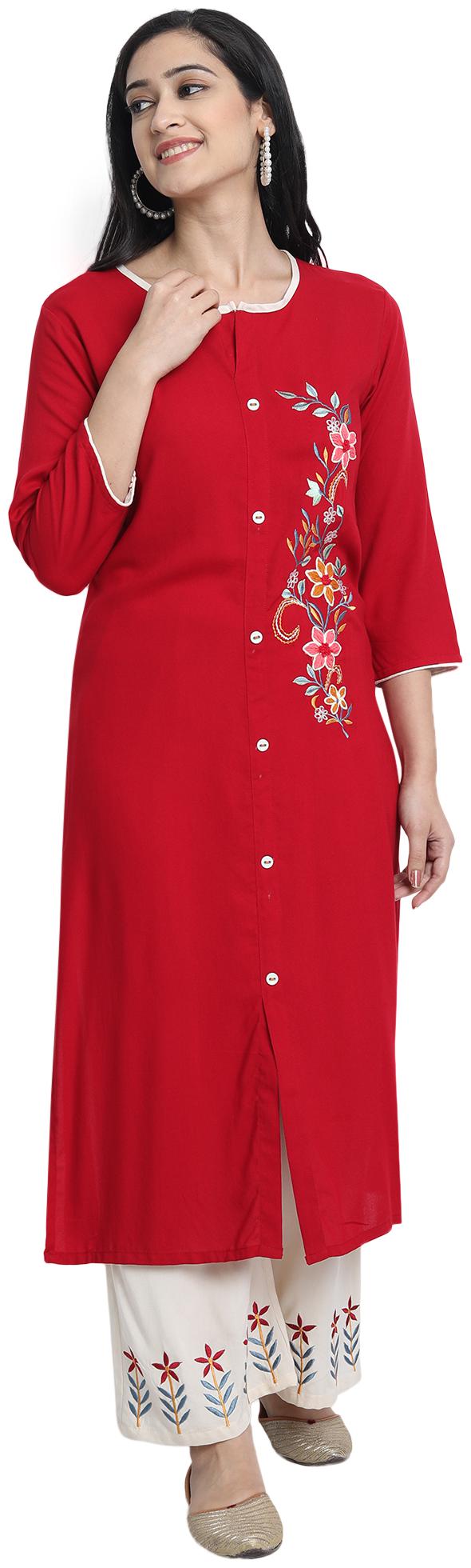 

Venika Creations Women Red Viscose Rayon Embroidered Kurta And Palazzo