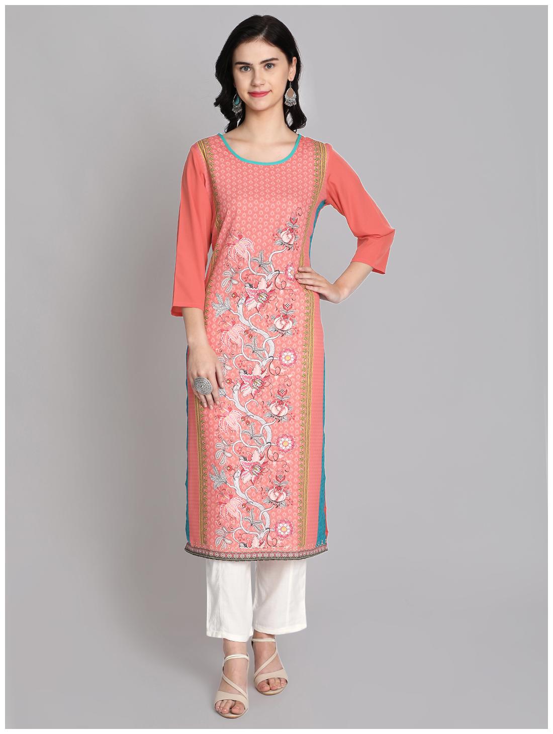 

Venika Creations Women Peach Floral Straight Kurta