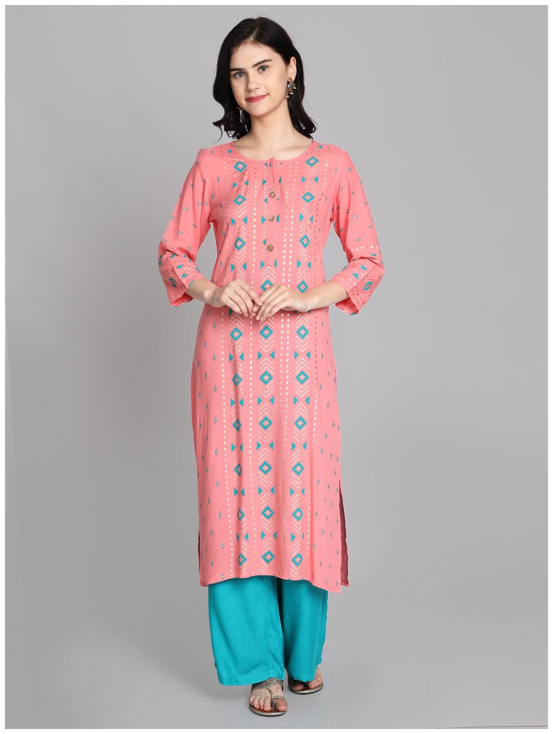 

Venika Creations Women Peach Printed Straight Kurta