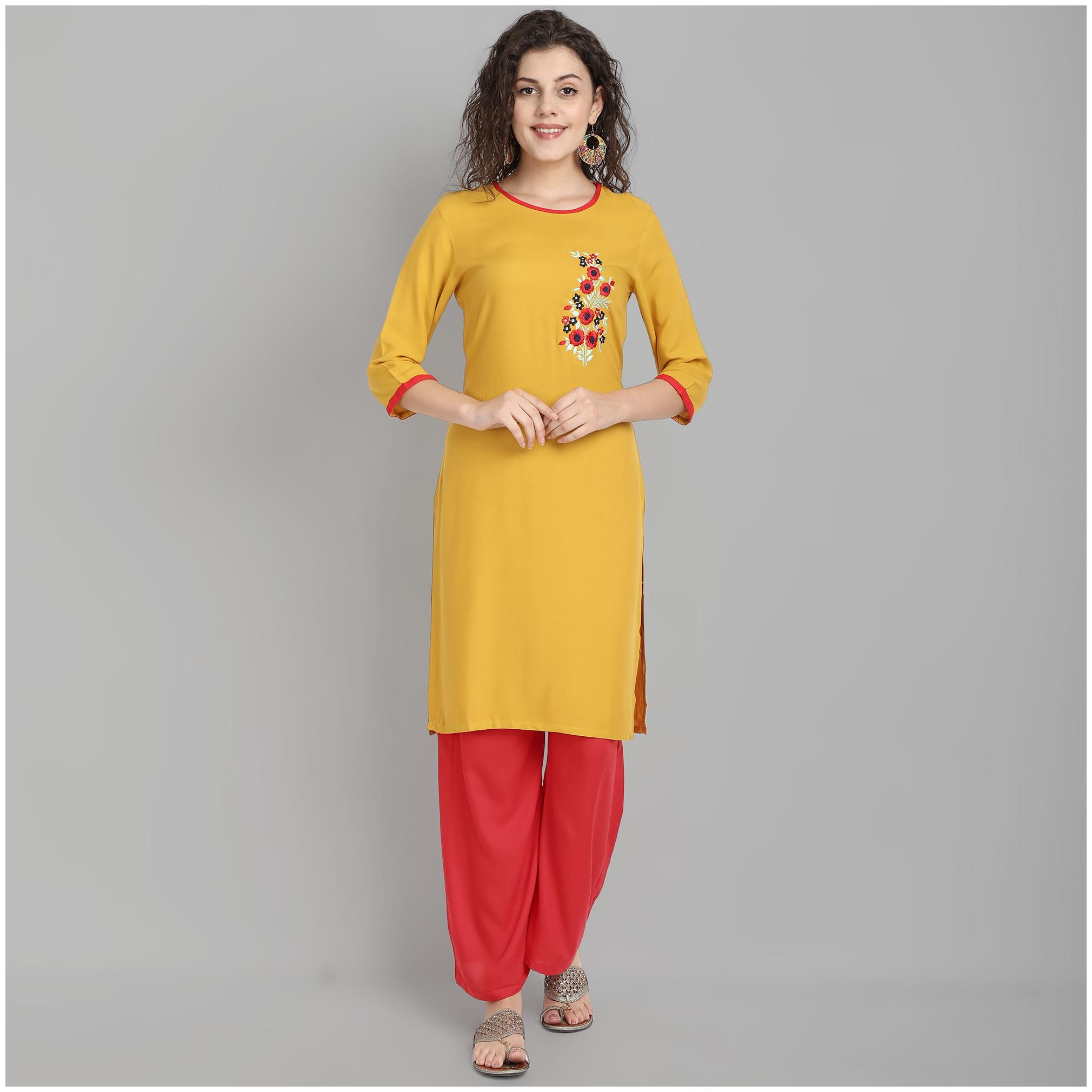 

Venika Creations Women Viscose Rayon Embroidered Yellow Kurta With Palazzo