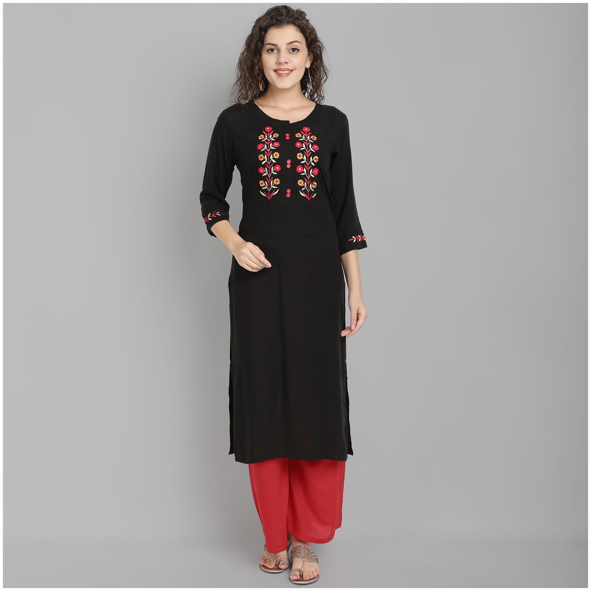

Venika Creations Women Black Embroidered Straight Kurta